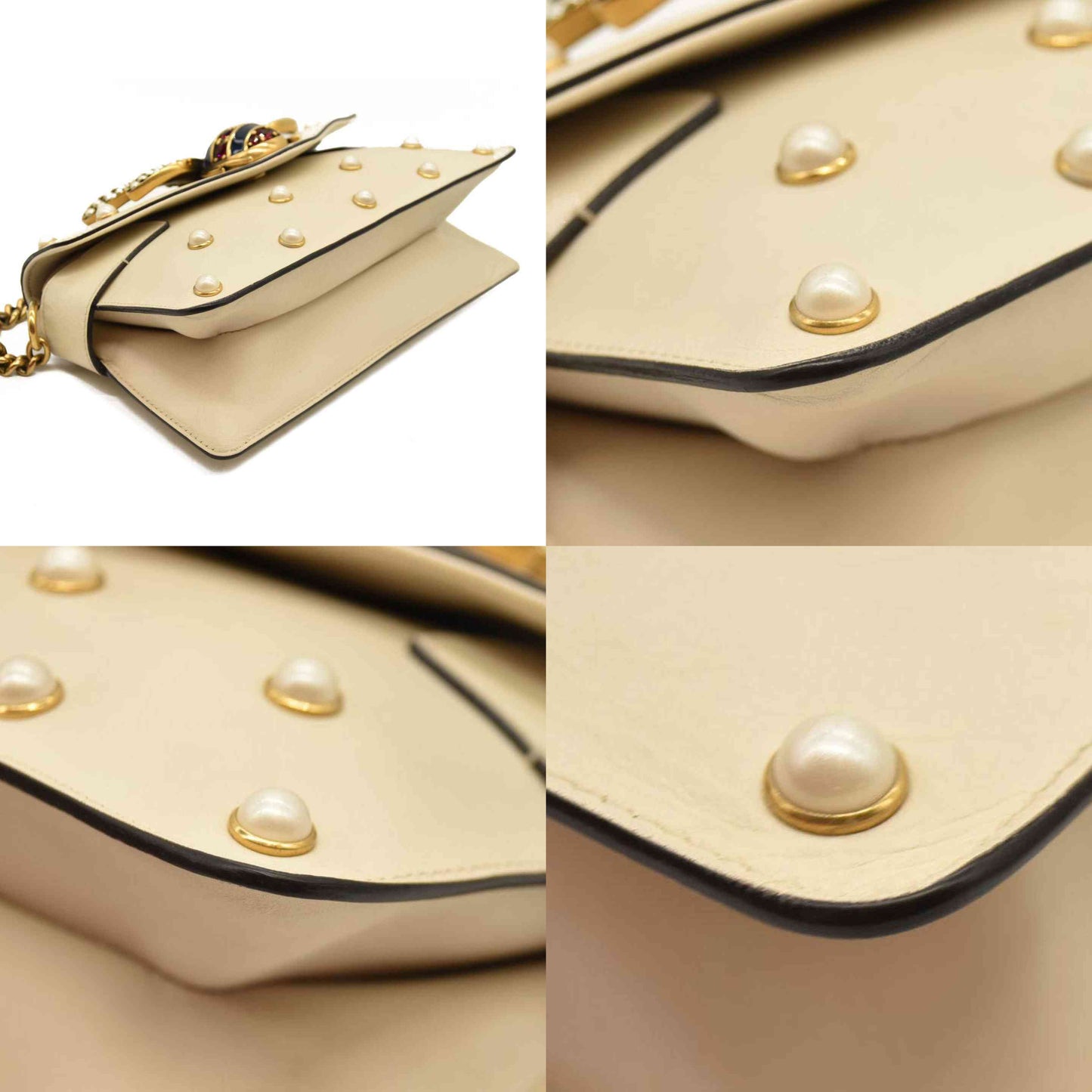 Gucci  Nappa Pearl Studded Mini Queen Margaret Broadway Shoulder Bag Mystic White