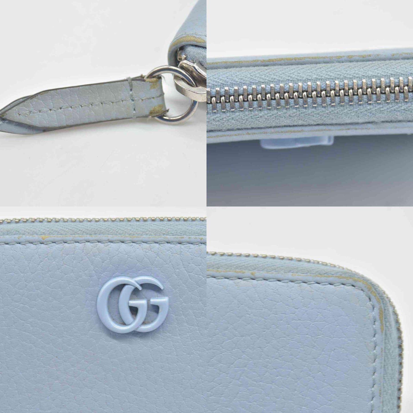 $660 Gucci Blue Calfskin Monochrome Dollar GG Marmont Zip Around Card Holder