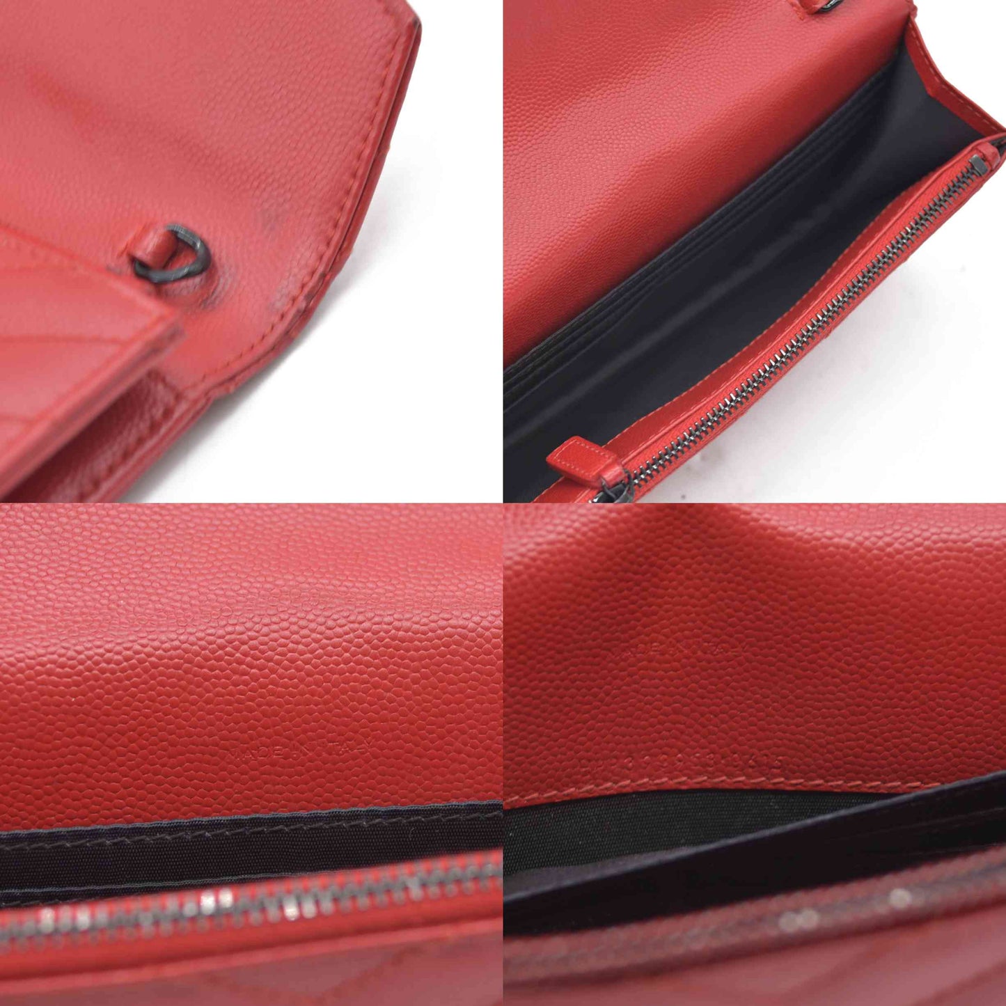 $1190 Saint Laurent Grain De Poudre Matelasse Chevron Monogram Envelope Chain Wallet Red