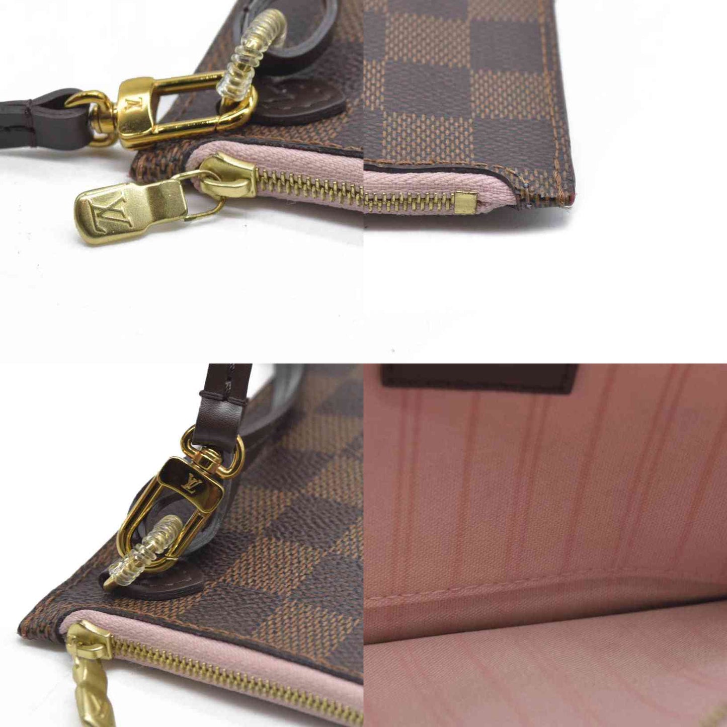Louis Vuitton  Damier Ebene Neverfull MM Pochette Rose Ballerine Wristlet