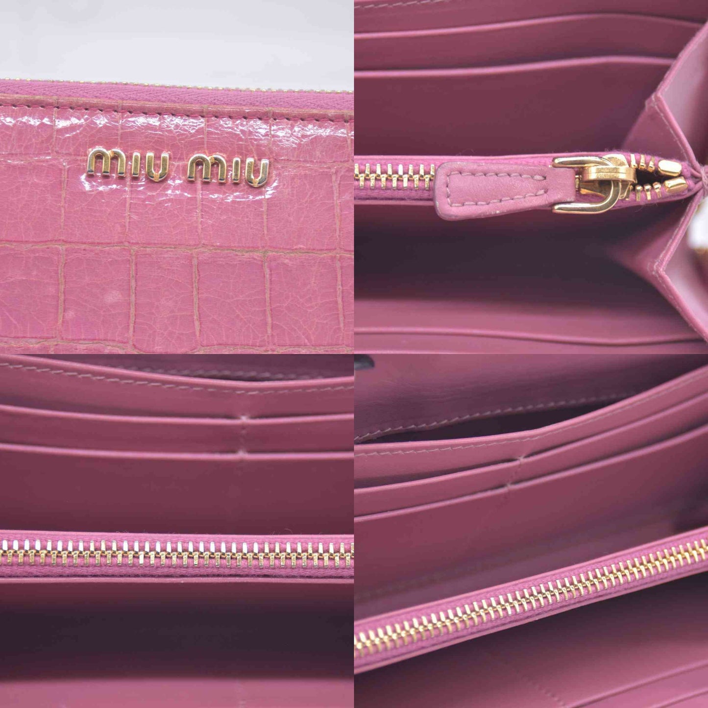 $545 Miu Miu  Vernice Crocodile Embossed Calfskin Zip Around Wallet Antico CONSIGNMENT