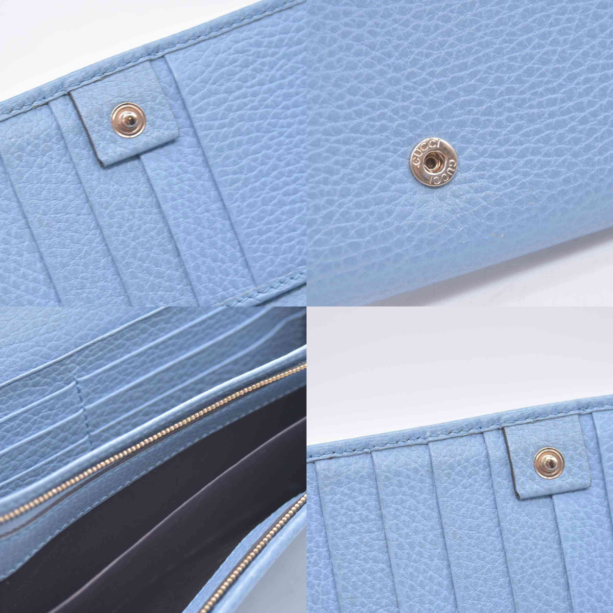 $660 GUCCI Light Blue Pebbled Swing Leather Flap Long Wallet CONSIGNMENT 10021436