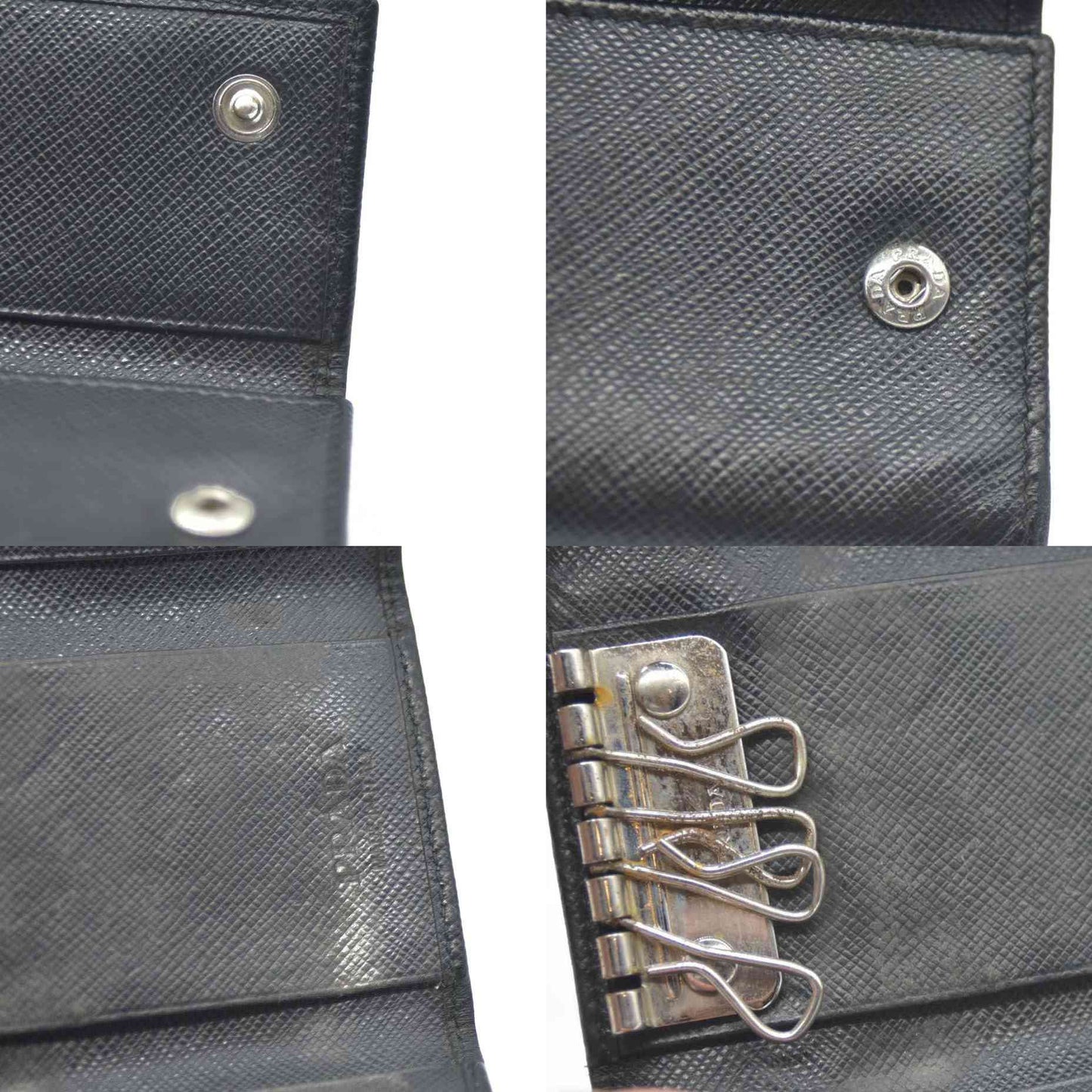 PRADA Logo Plate Saffiano Leather 6 Ring Key Case Black