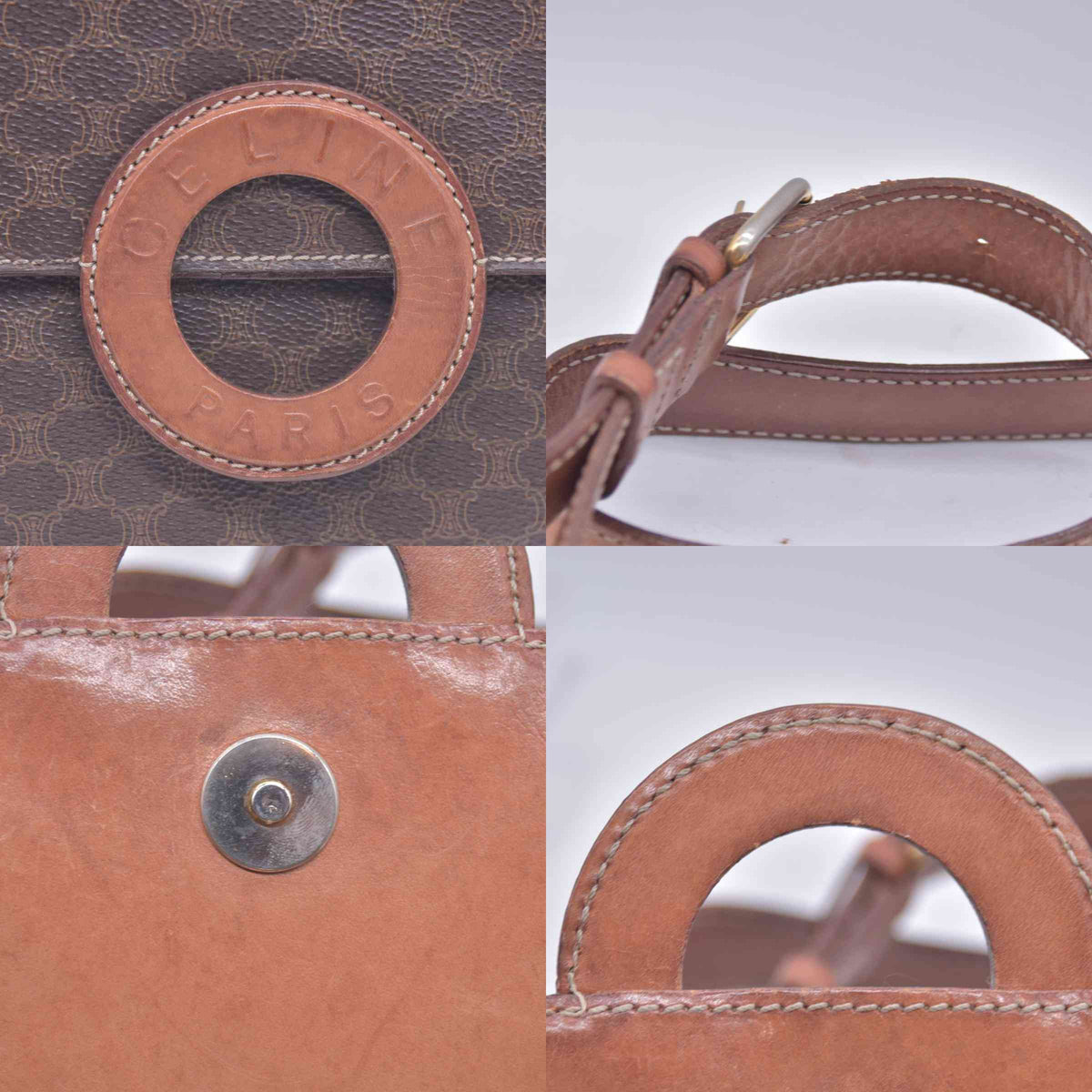 $1150 CELINE Macadam Coated Canvas Ring Circle Logo Crossbody Bag Brown CONSIGNMENT 10021238