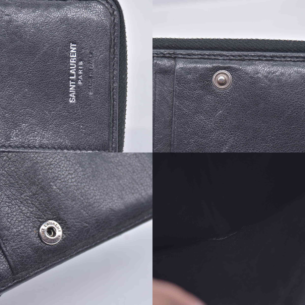 $750 Saint Laurent Calfskin Matelasse Monogram Compact Zip Around Wallet Dark Grey CONSIGNMENT