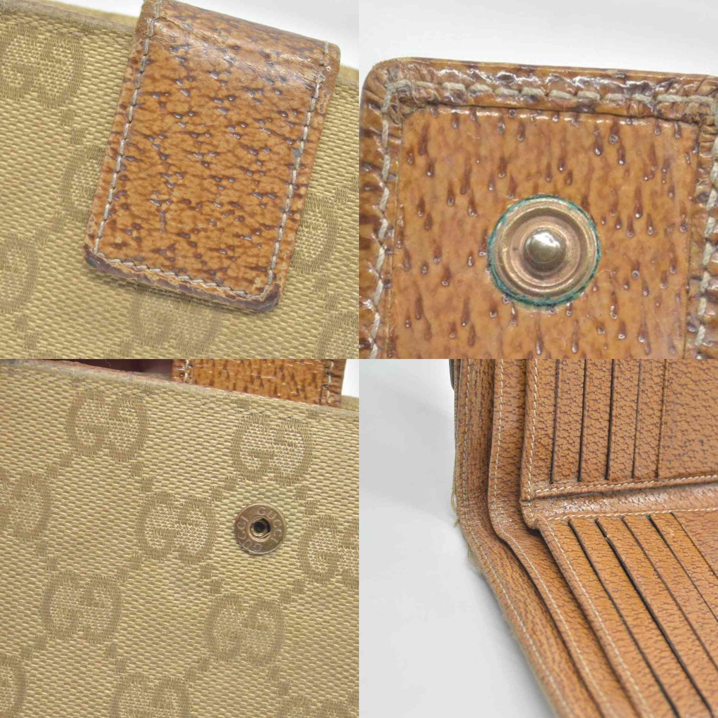 $420 Gucci Gucci Beige/Brown GG Canvas Nailhead Compact Wallet CONSIGNMENT
