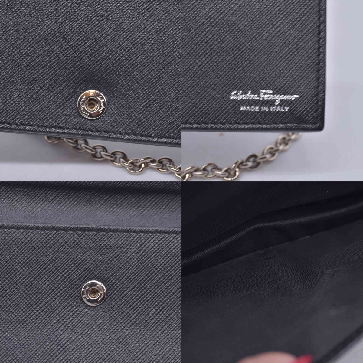 $650 SALVATORE FERRAGAMO Vara Bow Saffiano Leather Chain Flap Wallet Crossbody Black CONSIGNMENT 10021560