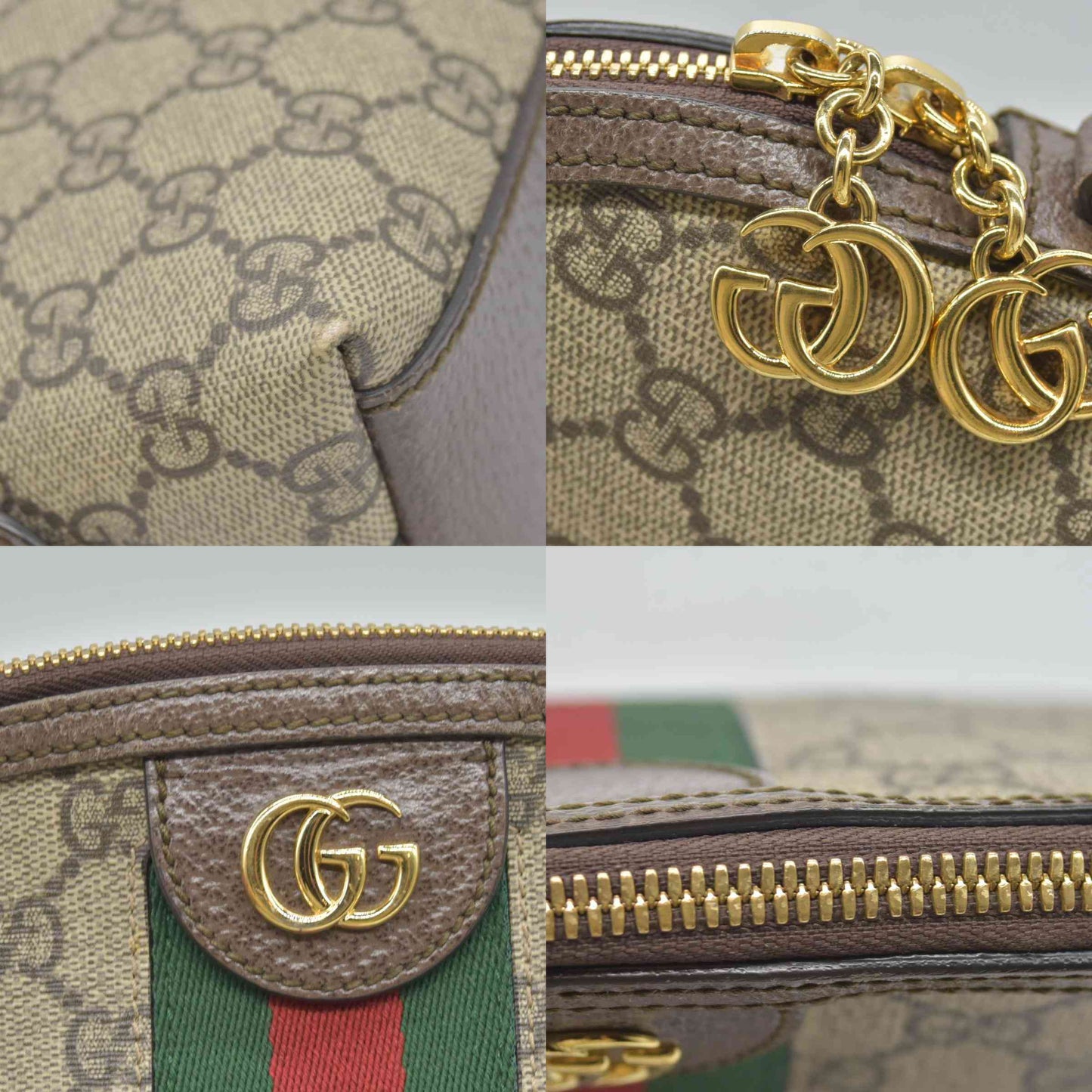 $1850 GG Supreme Monogram Textured Dollar Calfskin Web Small Ophidia Dome Shoulder Bag Beige Ebony New Acero