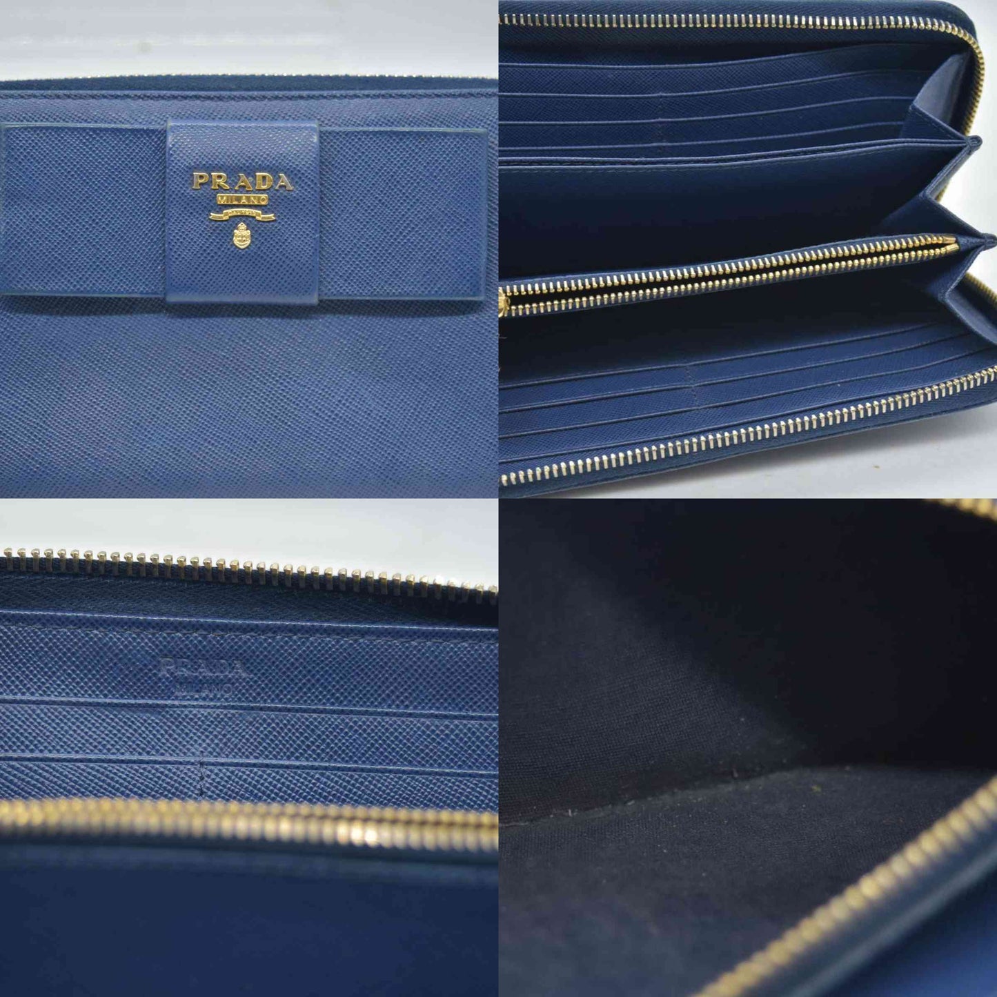 $975 PRADA Saffiano Bow Wallet Blue Zip Around Wallet CONSIGNMENT