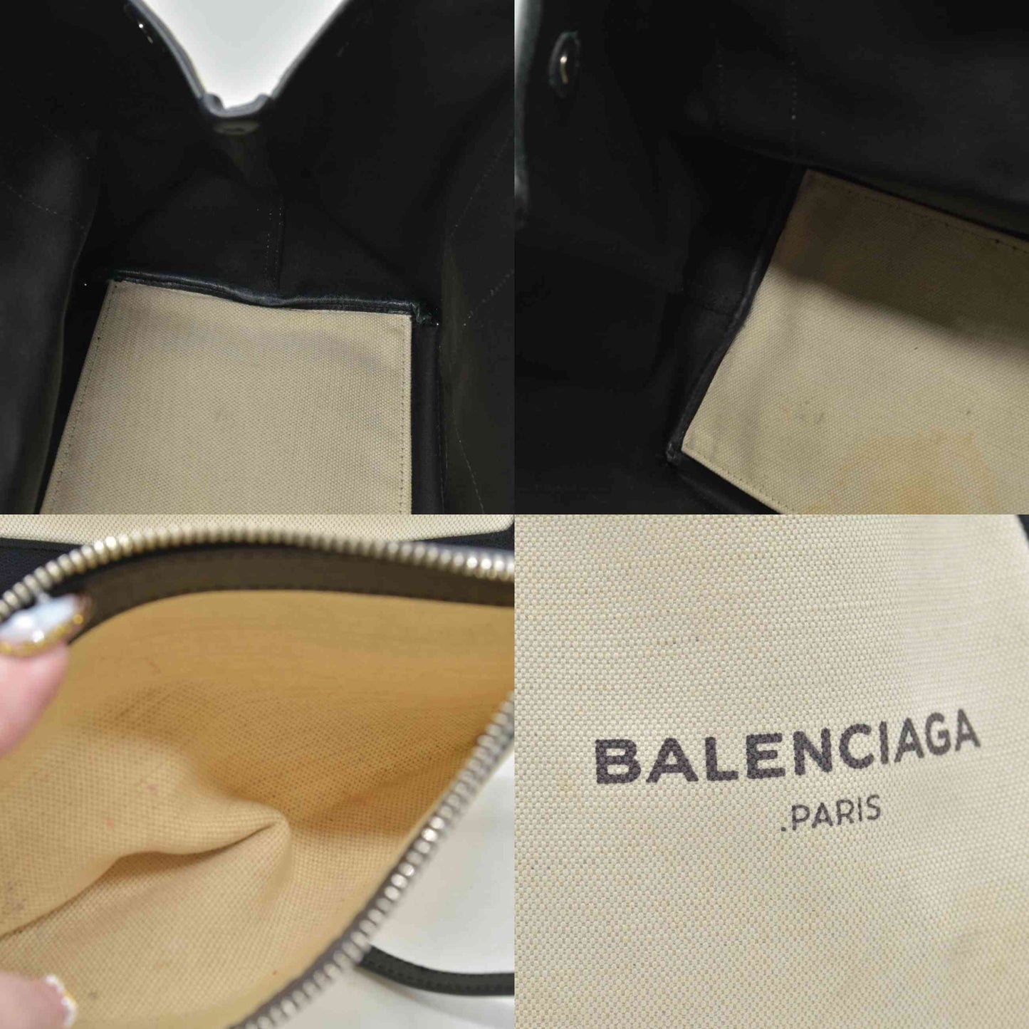 $995 Balenciaga Cotton Canvas Satin Calfskin S Navy Cabas Natural Black