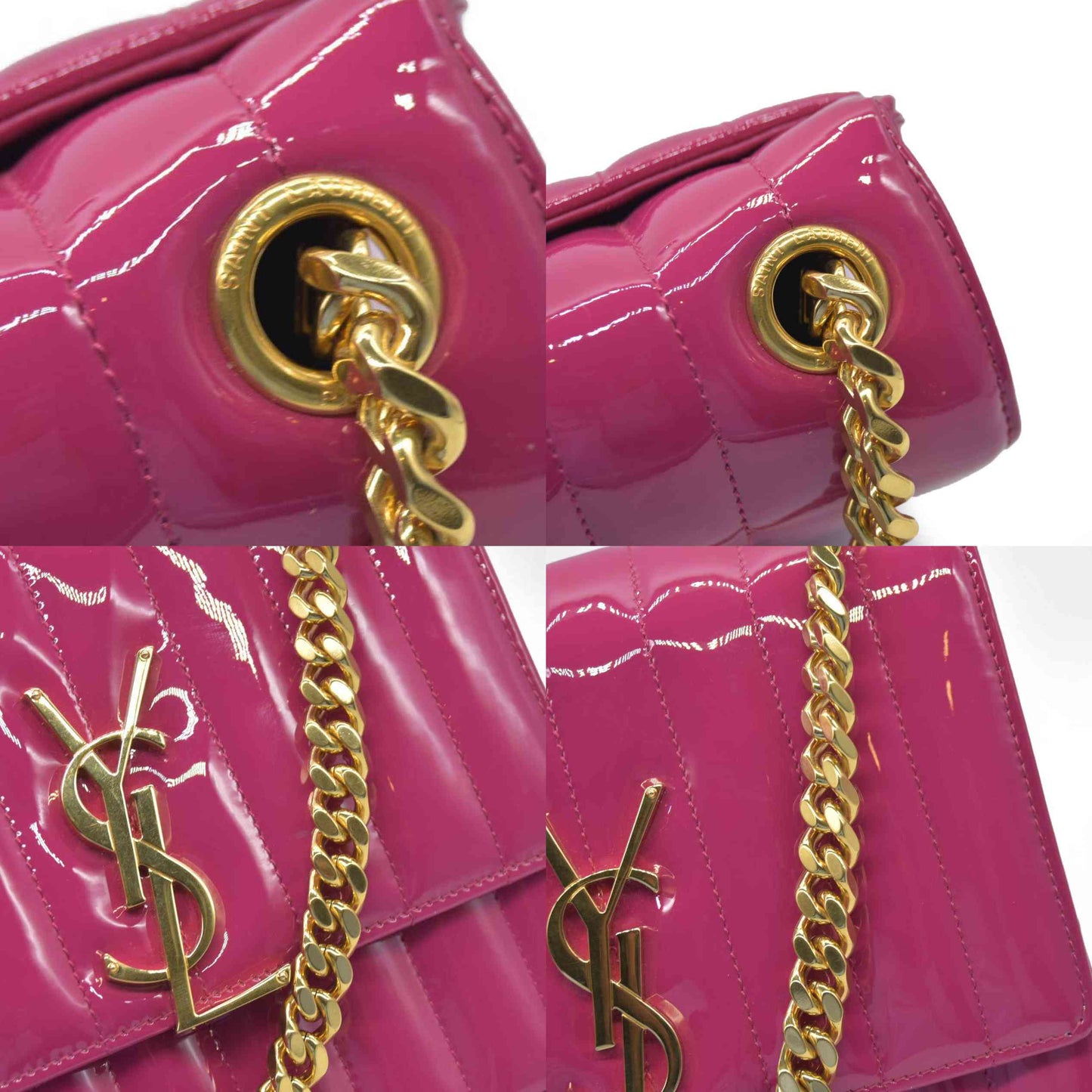 $2590 Saint Laurent Patent Calfskin Matelasse Monogram Medium Vicky Chain Bag Pink
