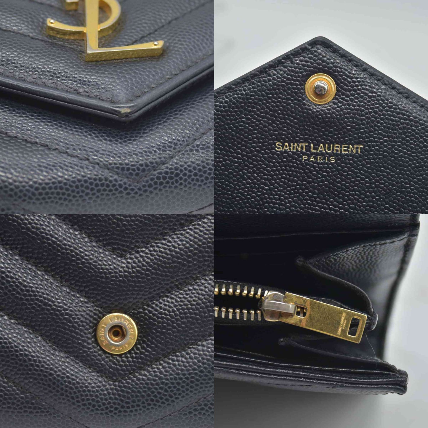 $750 Saint Laurent Grain De Poudre Matelasse Chevron Monogram Flap Wallet Black