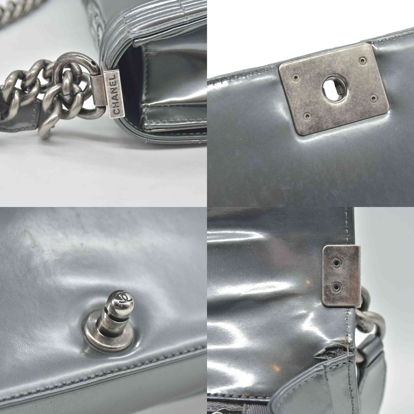 $4700 2012 Chanel Medium Boy Electric Silver Patent Leather Logo CC Flap