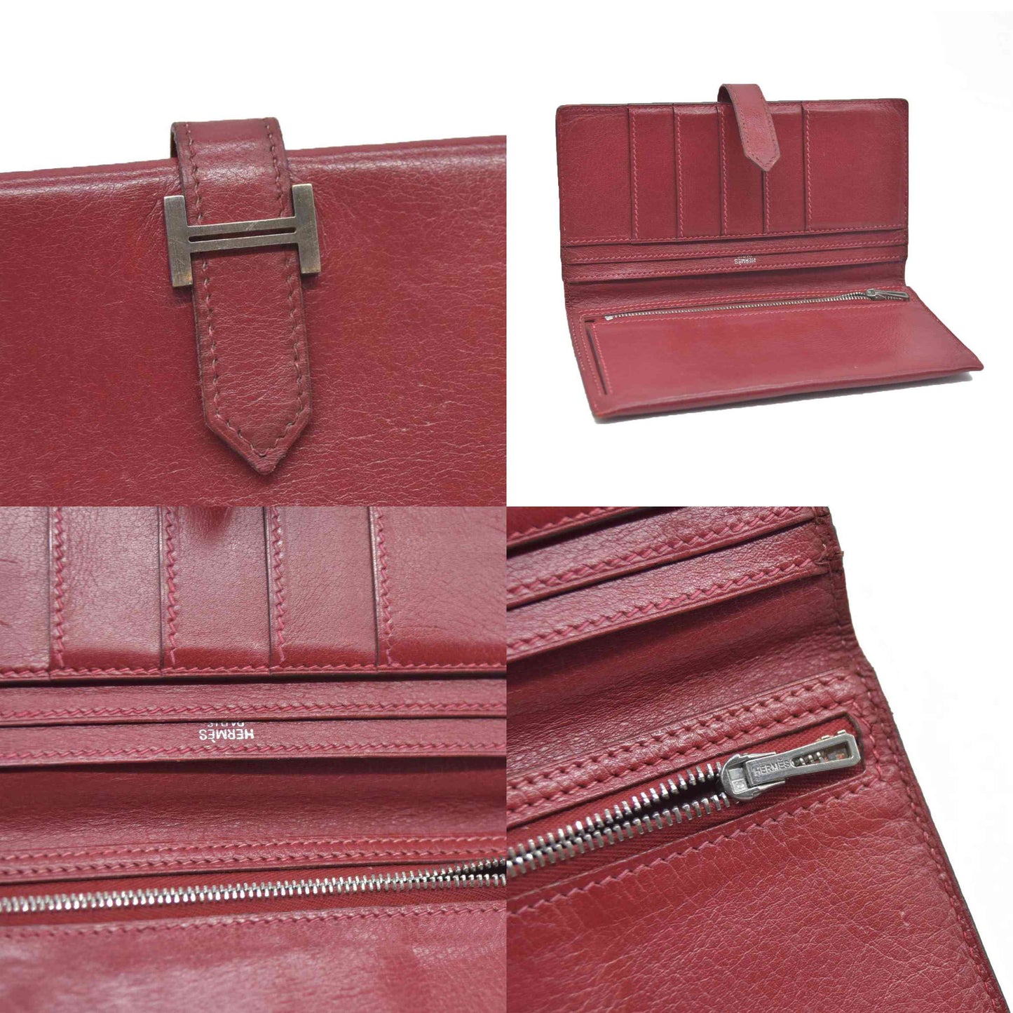 AUCTION $1570 Hermes Epsom Bearm Souffle Bifold Wallet Burgandy