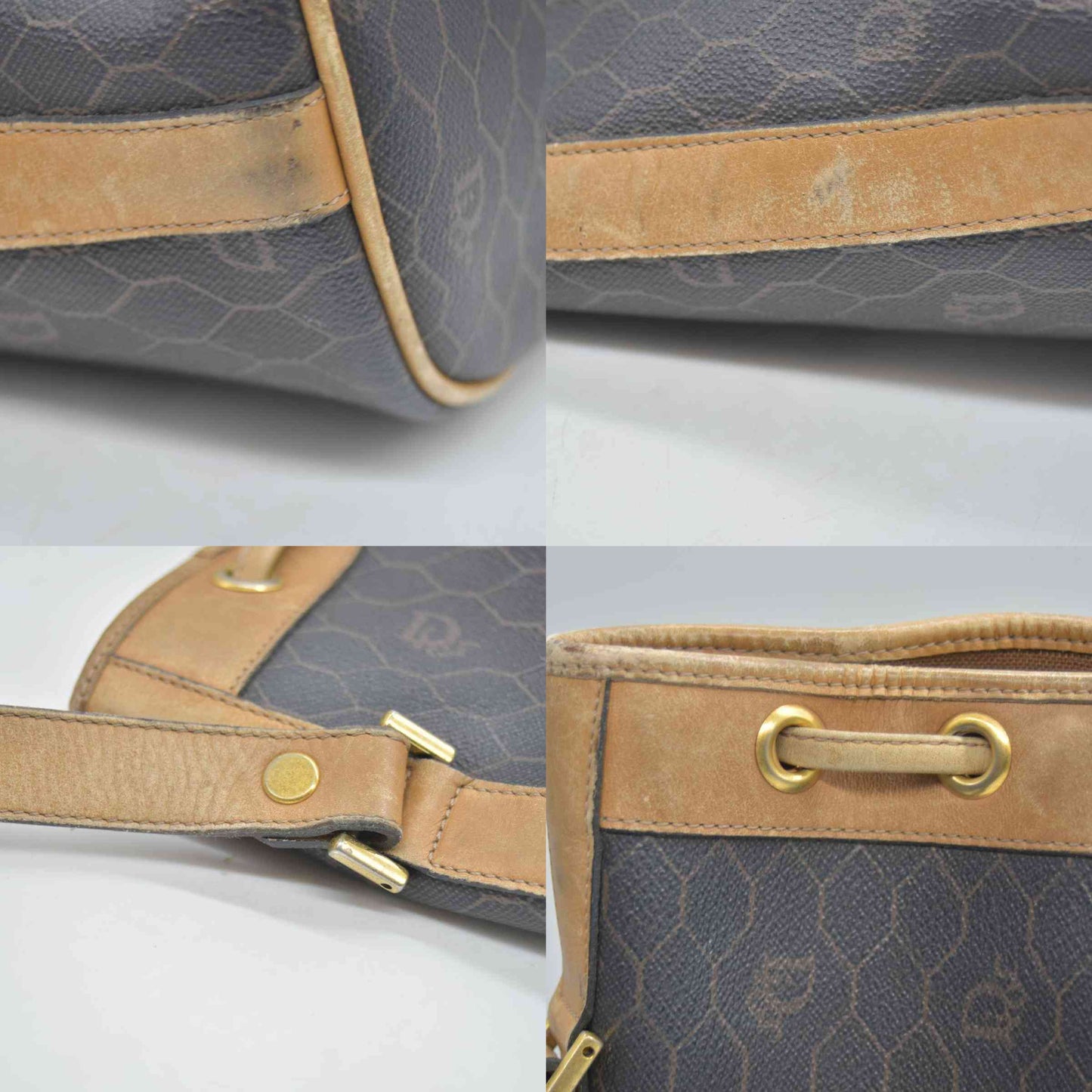 $1150 Christian Dior Vintage Coated Canvas Honeycomb Bucket Bag Tan Brown CONSIGNMENT