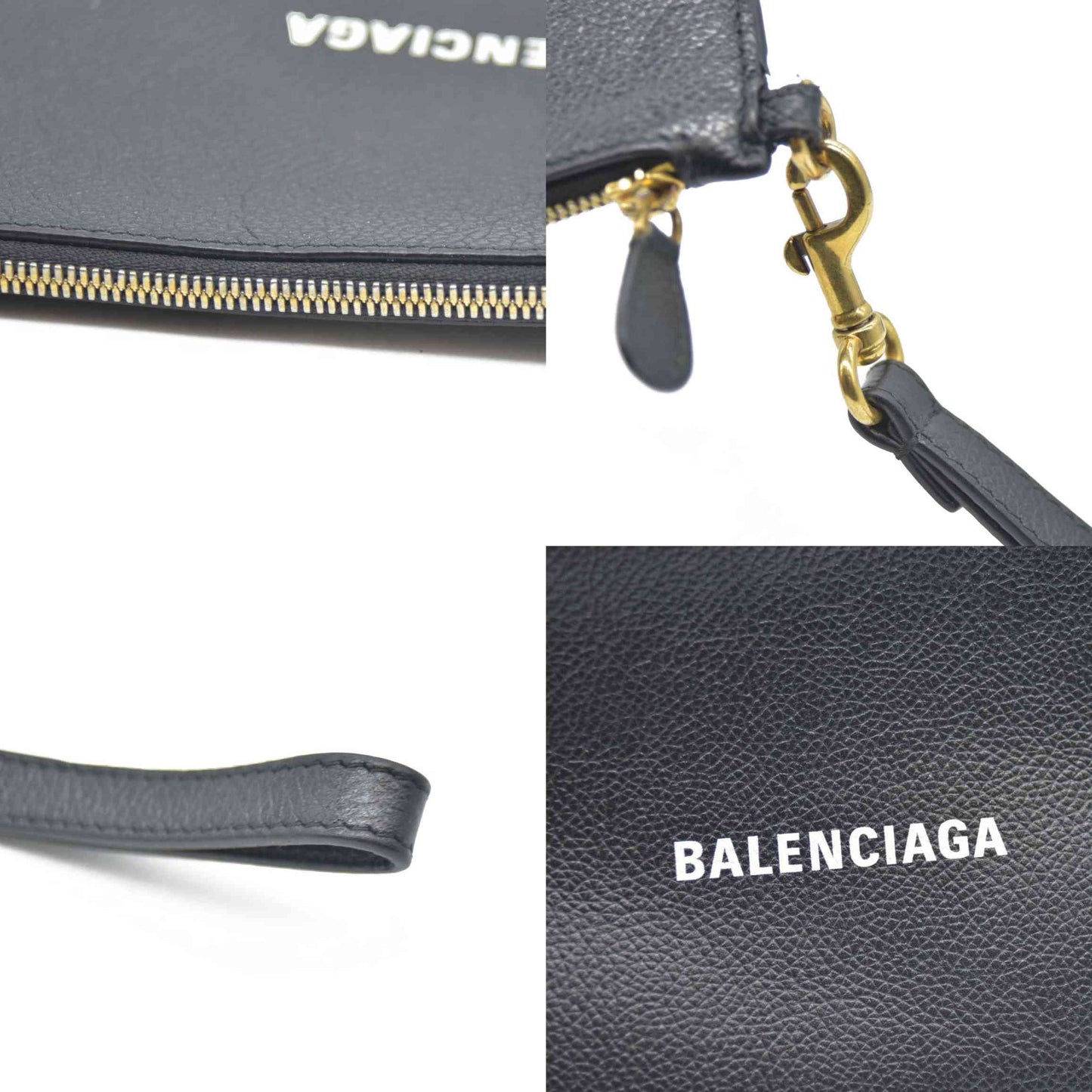 BALENCIAGA Logo Cash Pouch Leather Pouch Bag w/Strap Black Wristlet