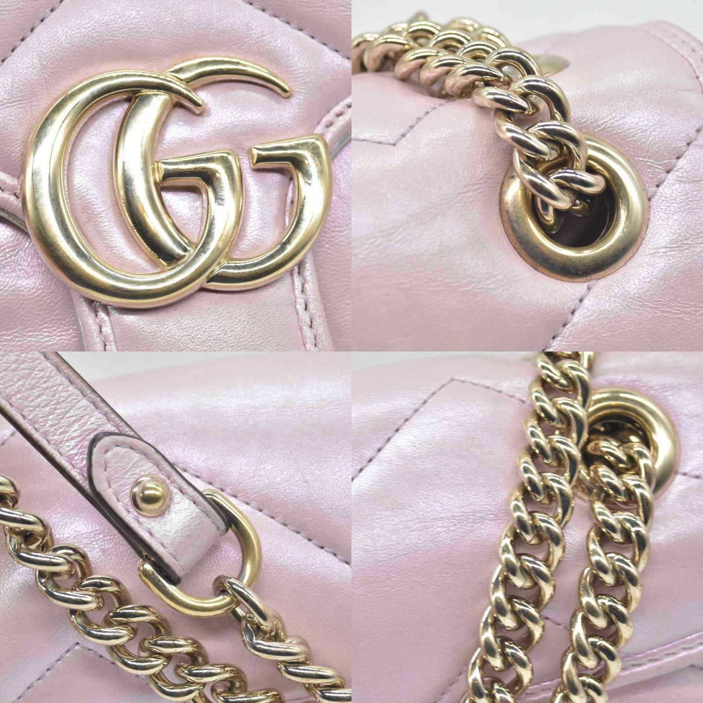 $3600 Gucci Iridescent Nappa Chevron Matelasse Small GG Marmont Shoulder Bag Iridescent Escape Pink