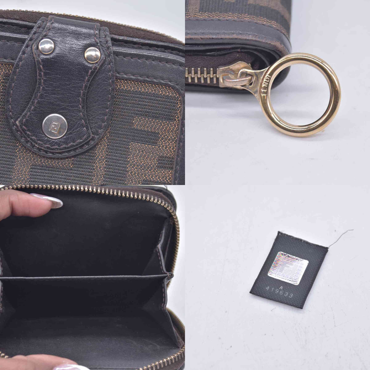 $650 Fendi Zucca Canvas Compact Zip Around Wallet CONSIGNMENT