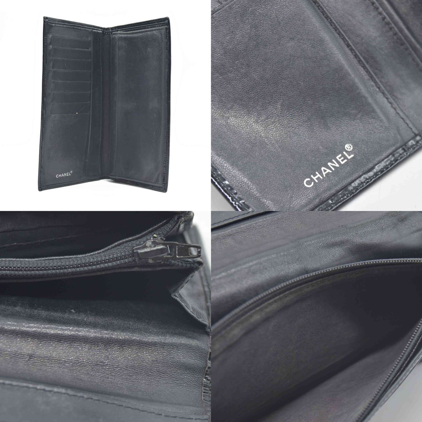 $800 2002 Chanel Interlocking CC Logo Bifold Wallet Black Patent Leather