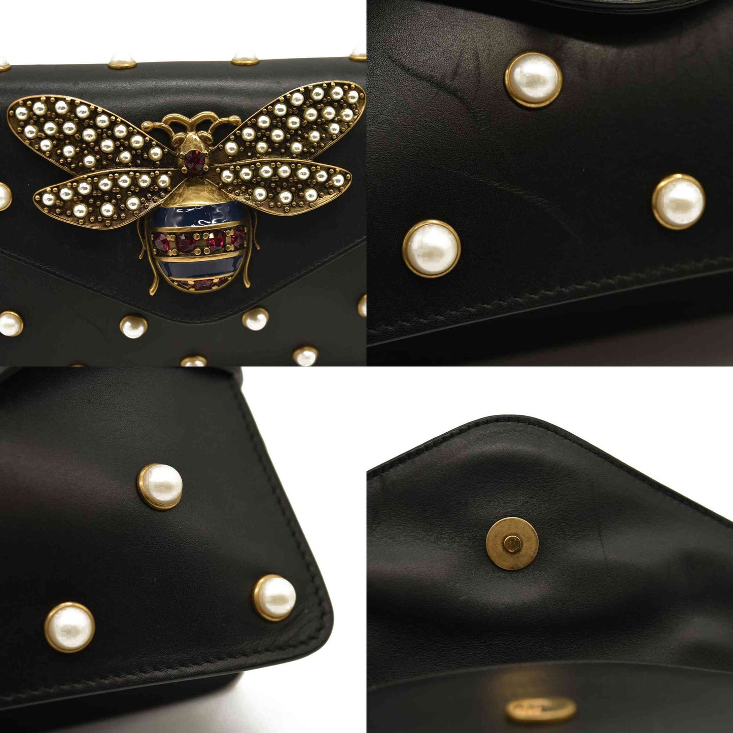 Gucci  Nappa Pearl Studded Mini Queen Margaret Broadway Shoulder Bag Black