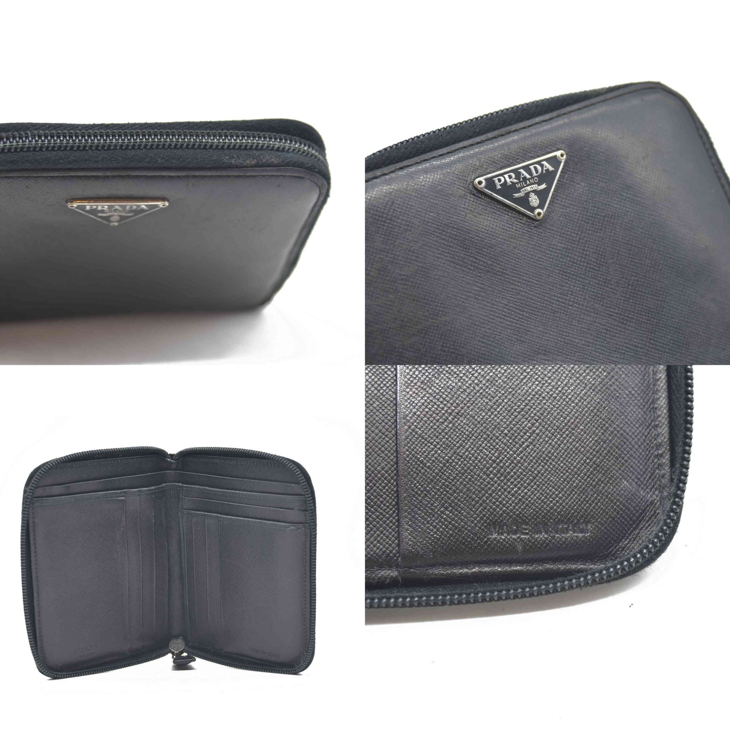 $725 Prada Logo Plaque Saffiano Wallet Black