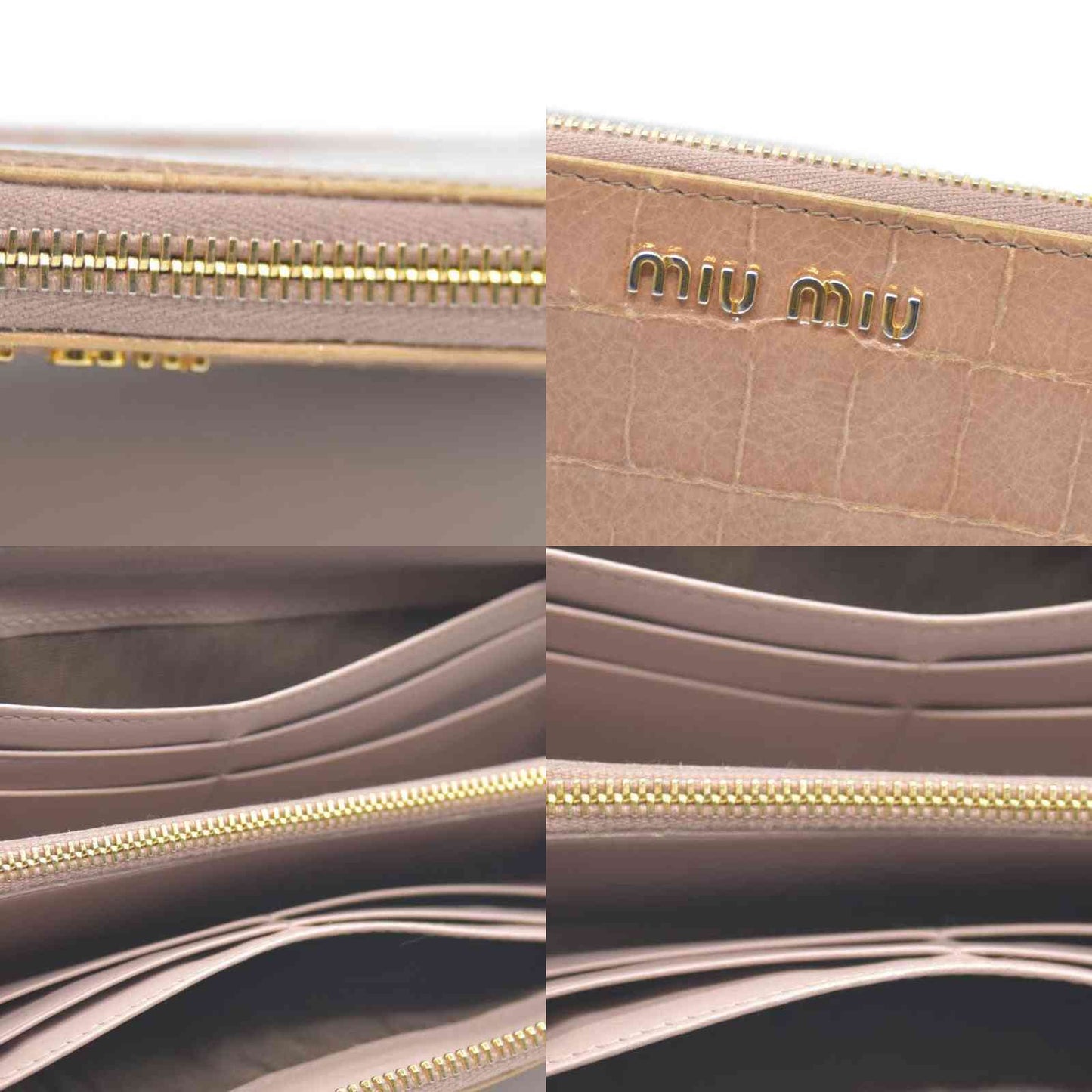 MIU MIU Logo Embossed Leather Zippy Long Wallet Beige