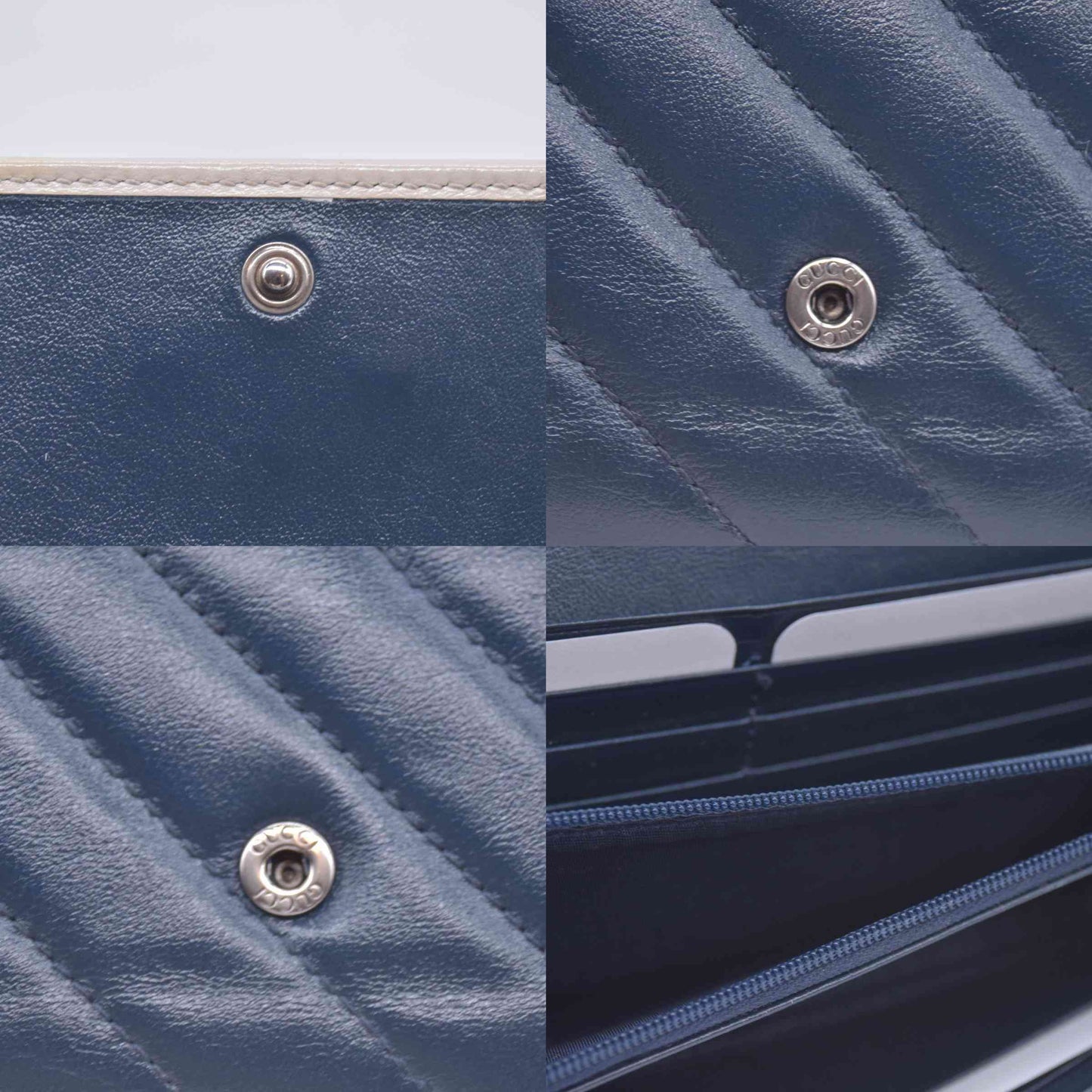 $795 Gucci Vintage Effect Calfskin matelasse Diagonal Torchon GG Marmont Continental Clutch Wallet Blue Agata Mystic White CONSIGNMENT