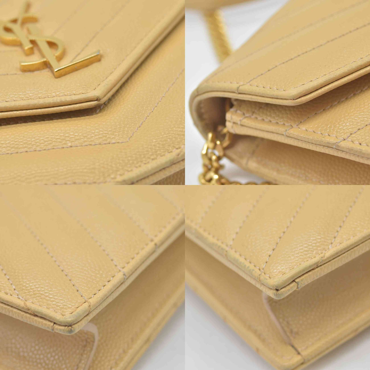 $1190 Saint Laurent Grain De Poudre Matelasse Chevron Monogram Envelope Chain Wallet Light Chartreuse