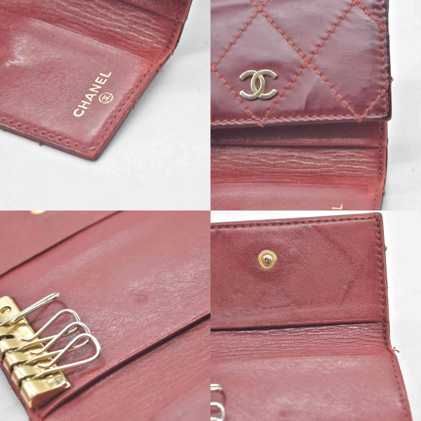 $750 2004 Chanel Calfskin Wild Stitch 6 Key Ring Holder Burgundy