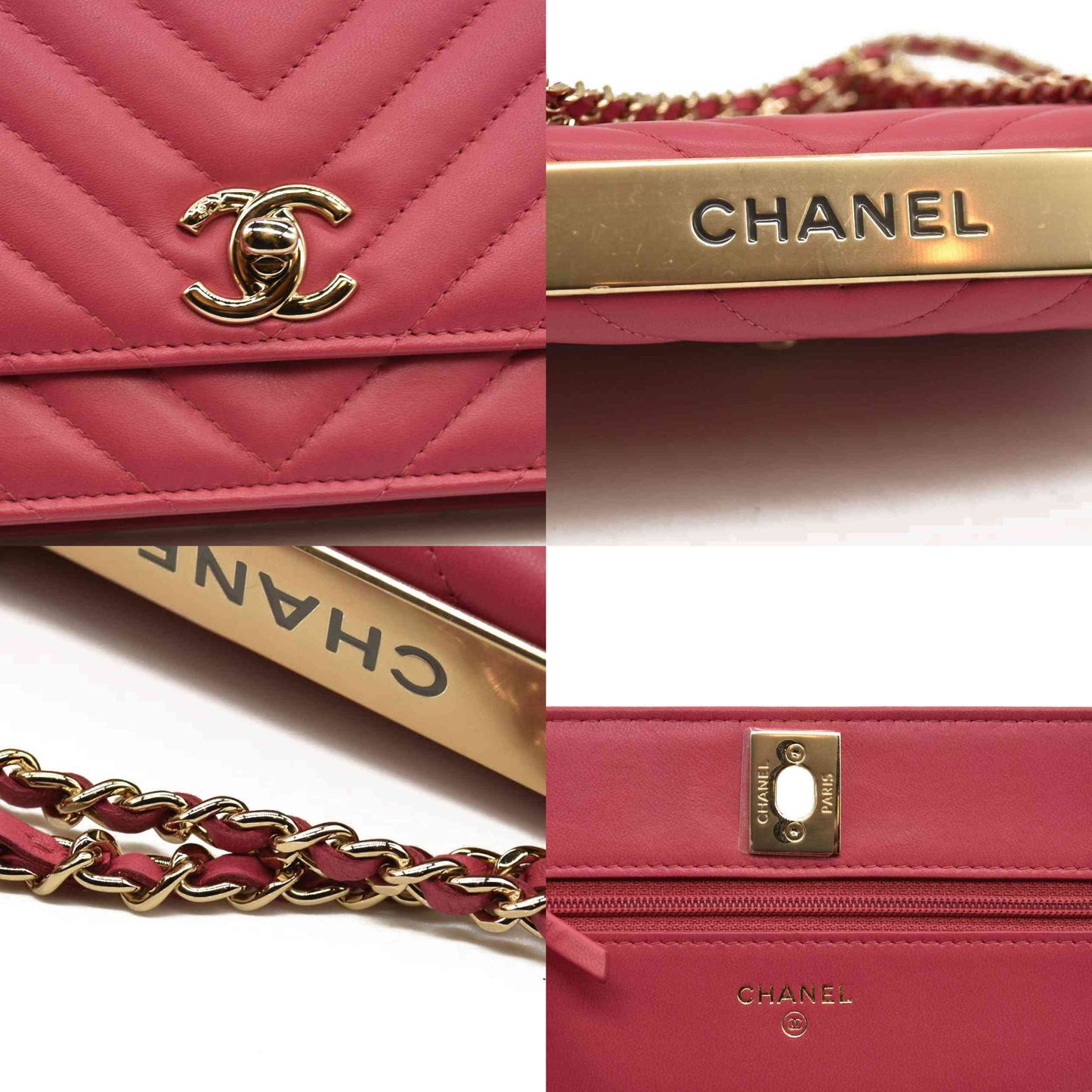 Chanel  Lambskin Chevron Quilted Trendy CC Wallet On Chain WOC Pink 28*
