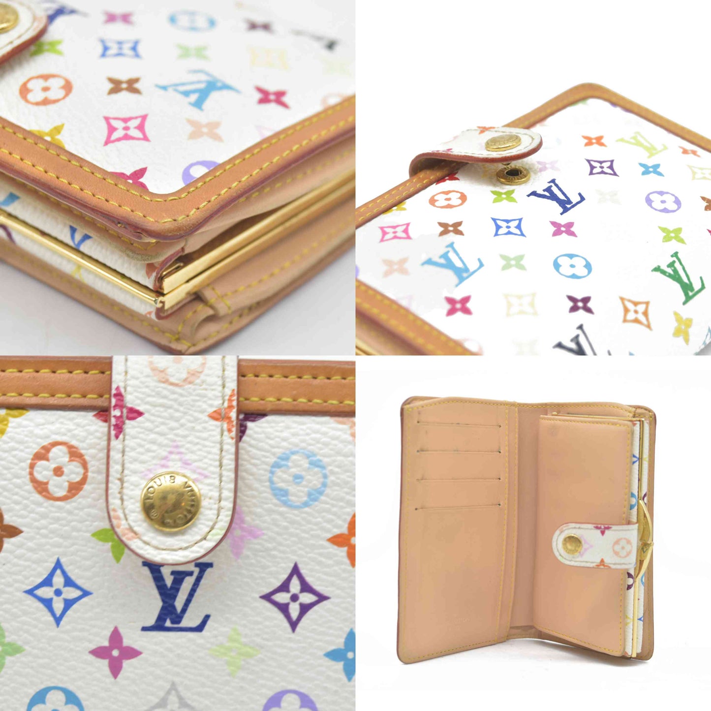 $735 Louis Vuitton Monogram Multicolor French Purse Wallet White TH0036 2006