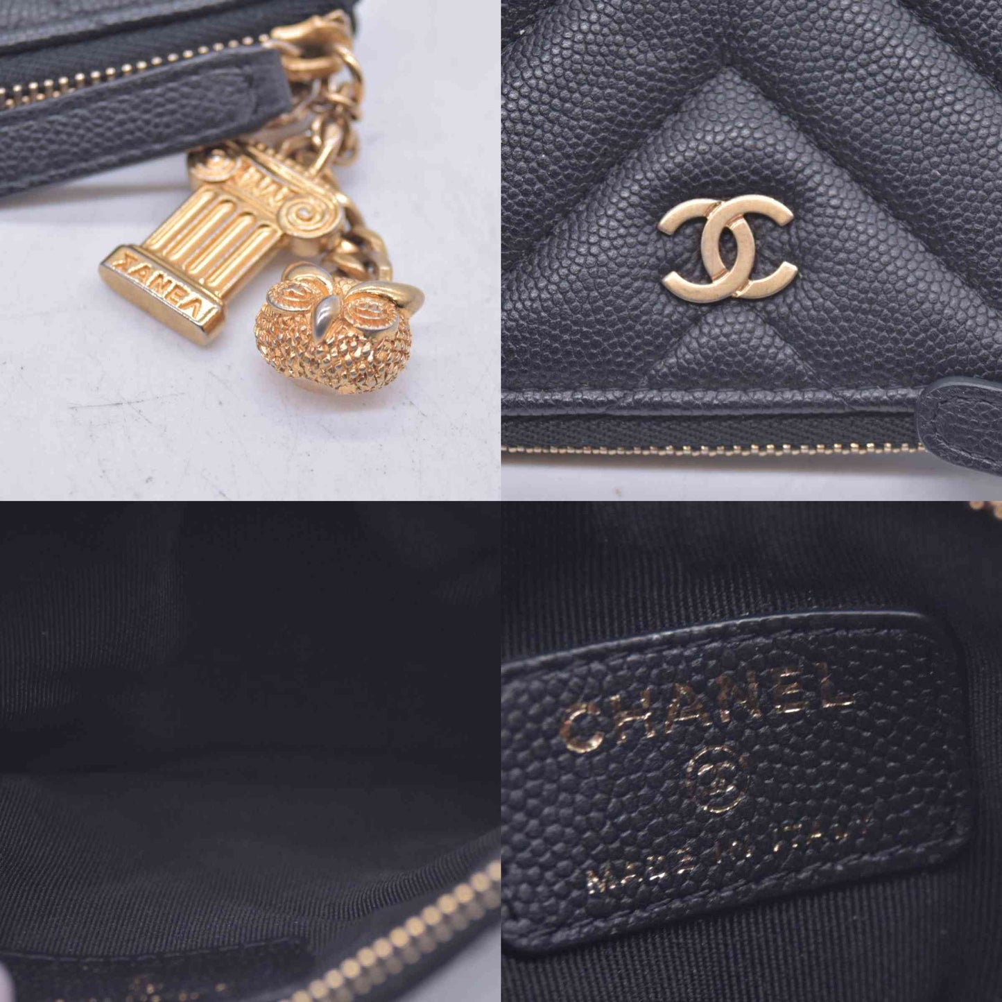 $750 Chanel Caviar Chevron Quilted Small Ancient Greek Charms Cosmetic Case Black CONSIGNMENT