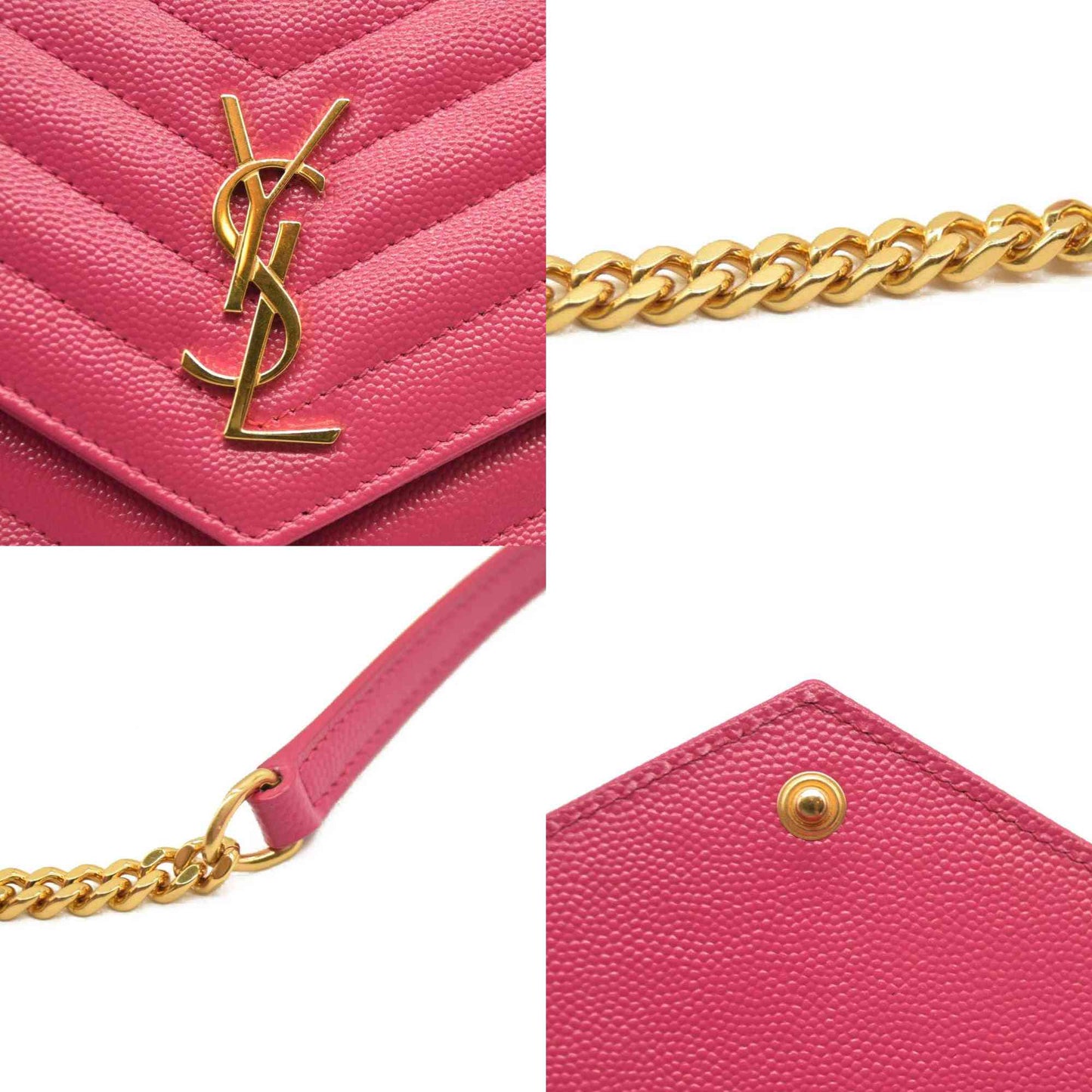 SAINT LAURENT Grain De Poudre Matelasse Chevron Monogram Chain Wallet Hot Pink