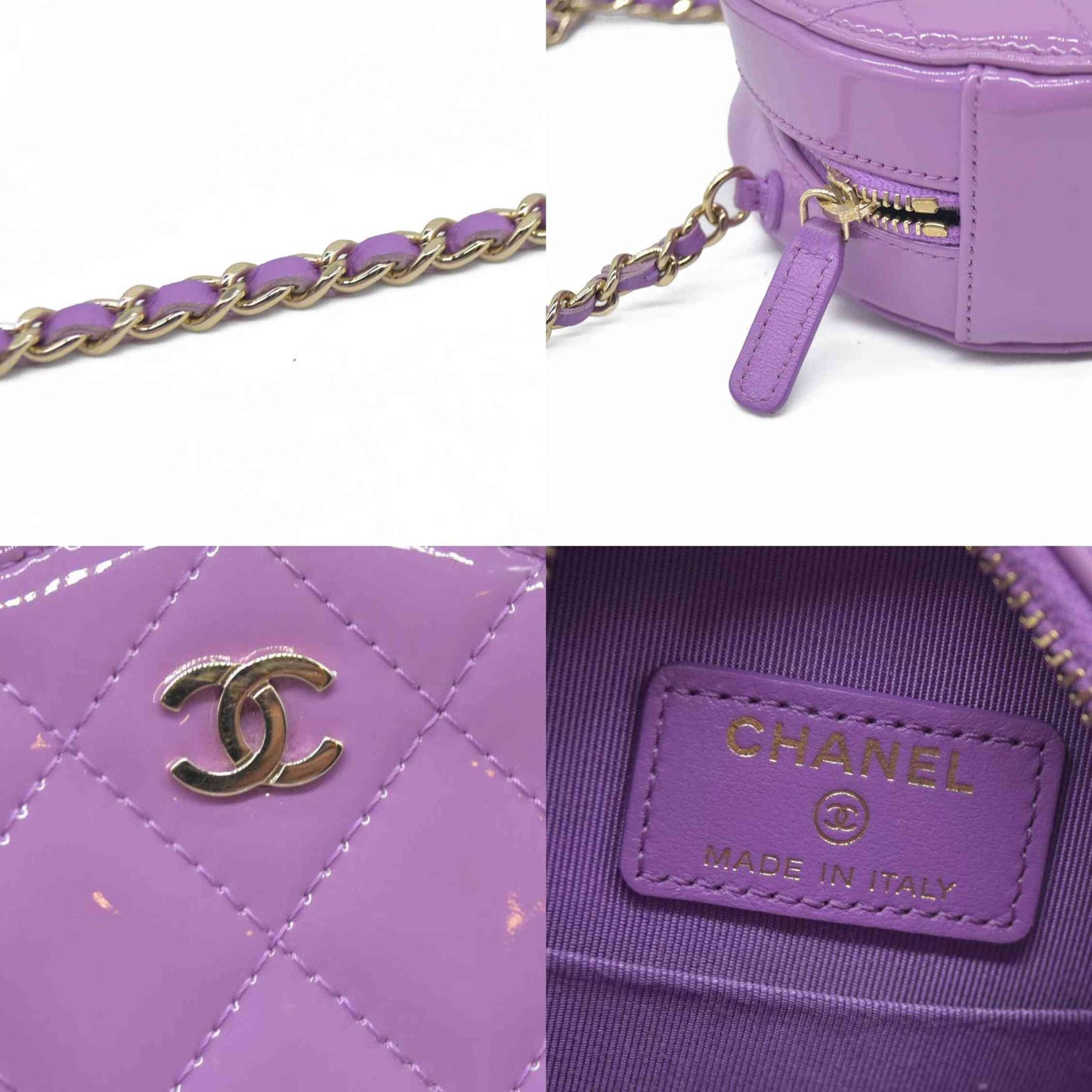 $2940 Chanel Patent Quilted Round Clutch with Chain