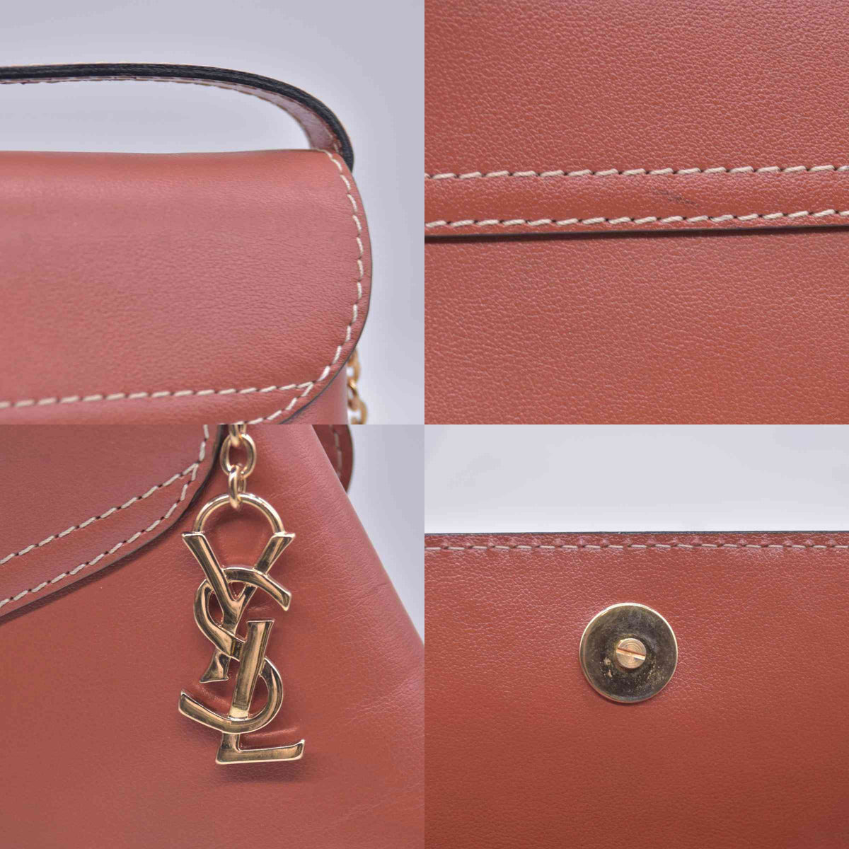$980 YVES SAINT LAURENT Calfskin Cutout Y Monogram Flap Shoulder Bag Terracotta CONSIGNMENT 10021247