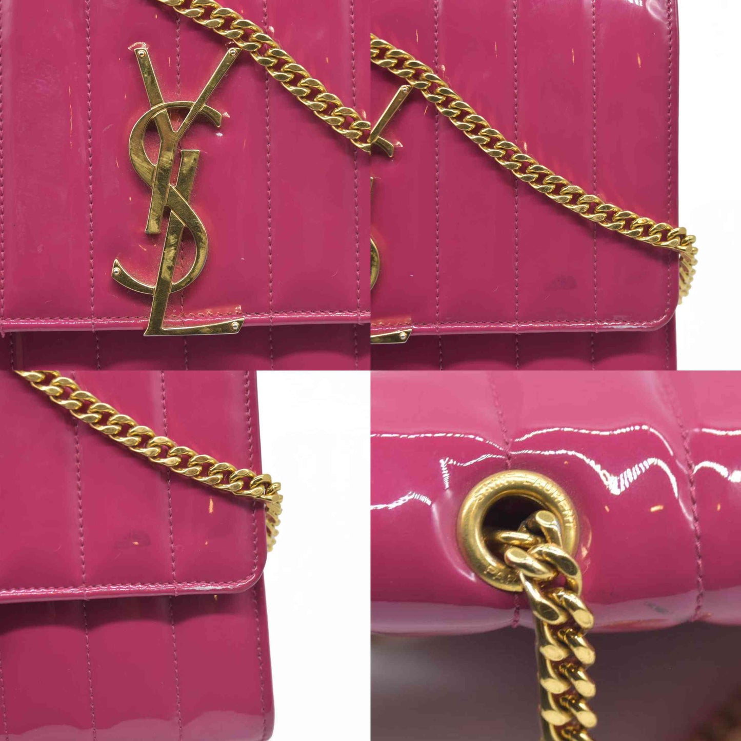 $1750 Saint Laurent Patent Leather Matelasse Monogram Vicky Chain Wallet  Pink