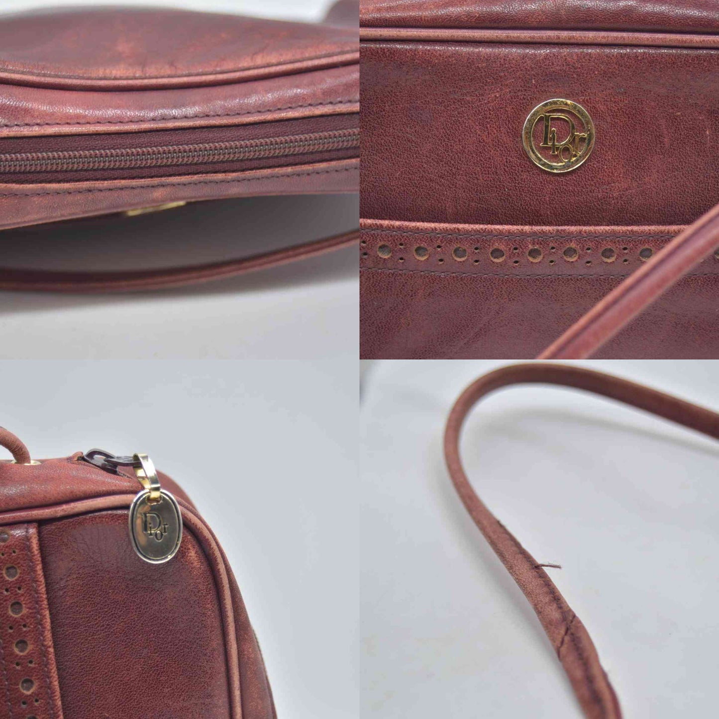 $1250 Christian Dior Vintage Smooth Leather Brogue Round Logo Camera Bag Burgundy CONSIGNMENT