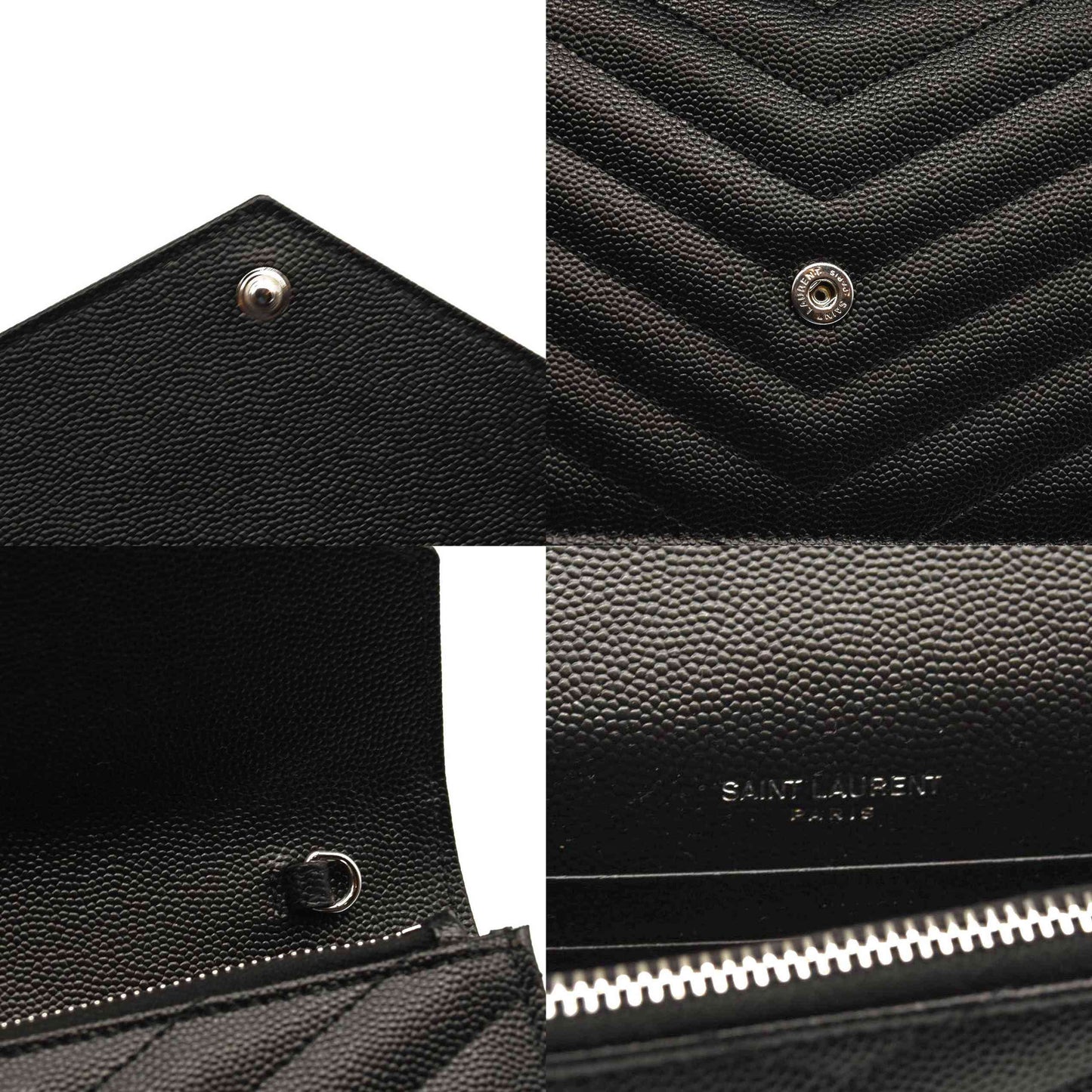 NEW SAINT LAURENT Grain De Poudre Matelasse Chevron Monogram Chain Wallet Black Silver