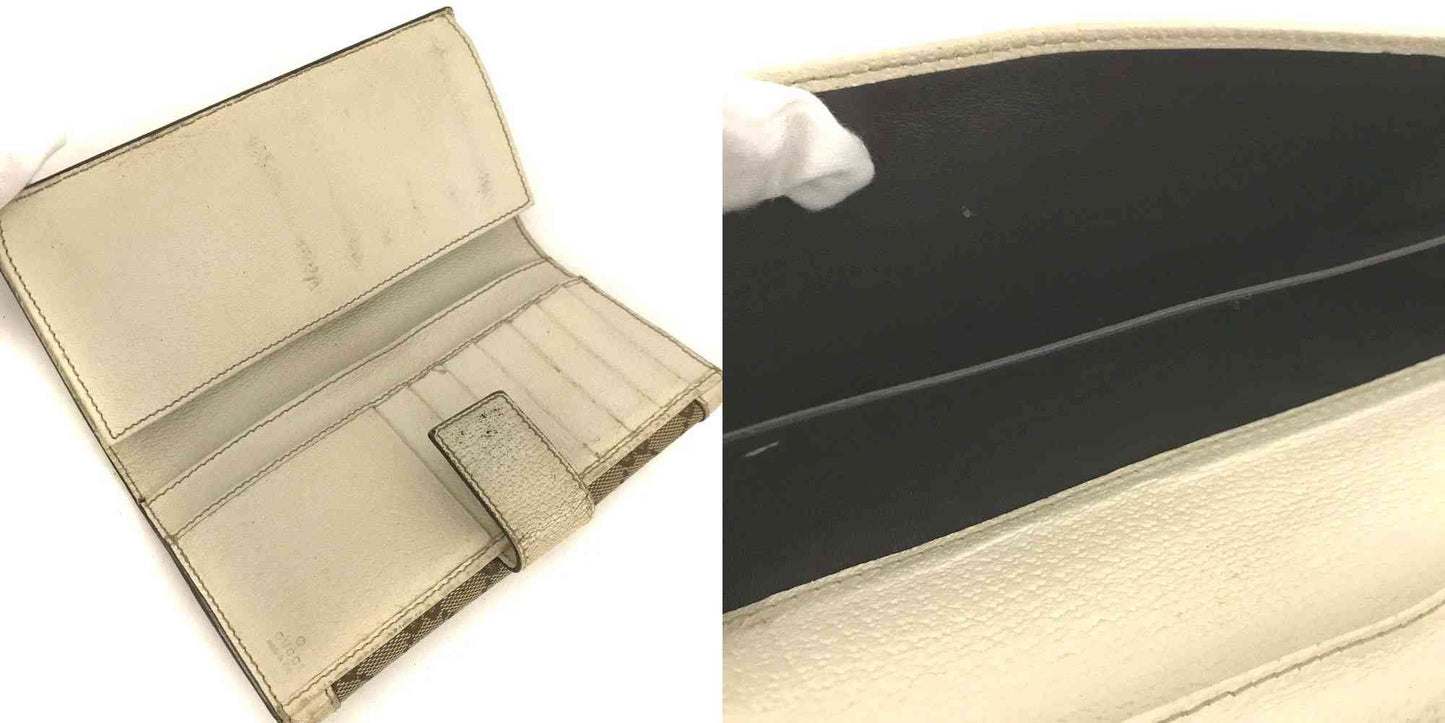 $710 GUCCI GG Logo Canvas Leather Long Bifold Wallet Beige Signature GG