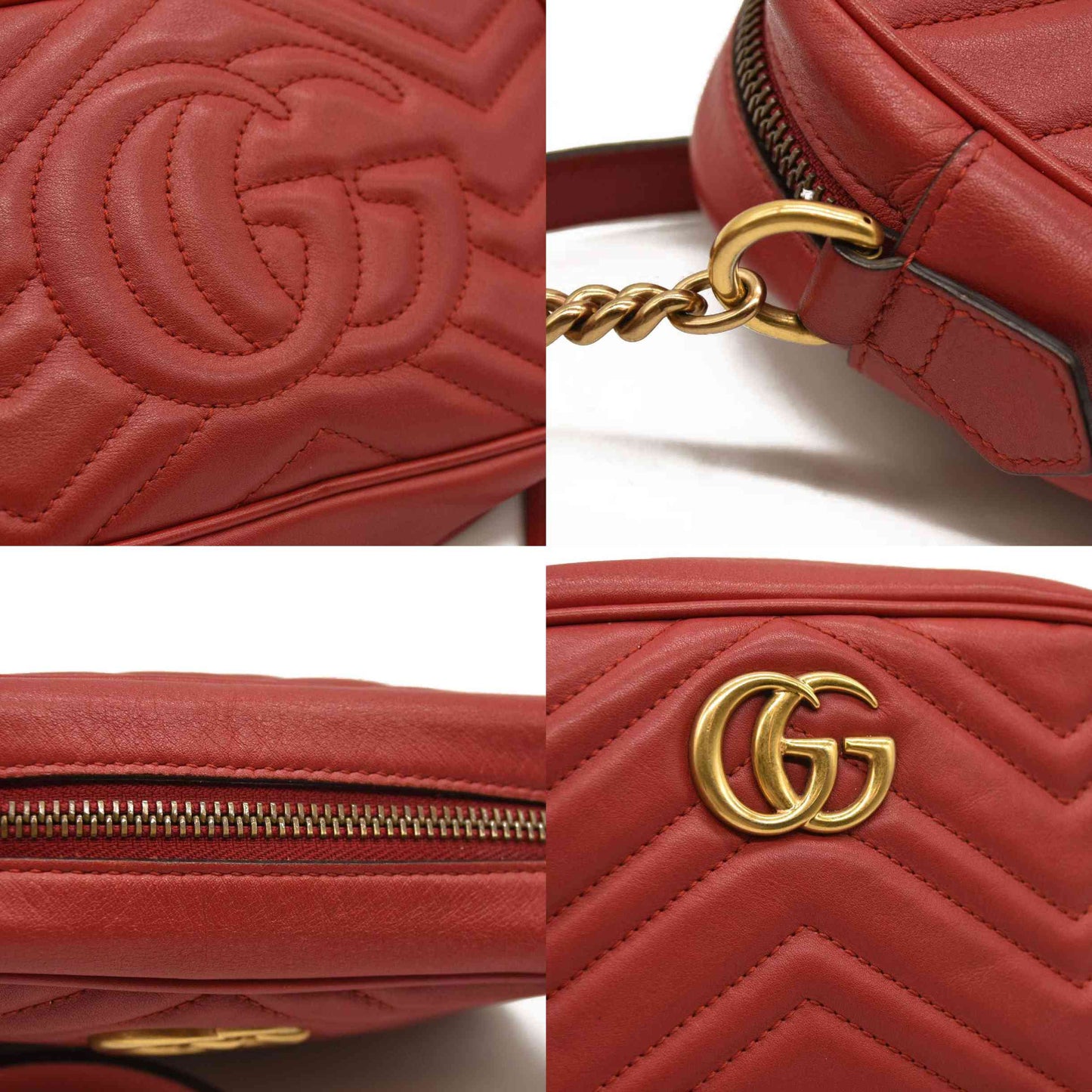 Gucci  Calfskin Matelasse Small GG Marmont Chain Shoulder Bag Hibiscus Red