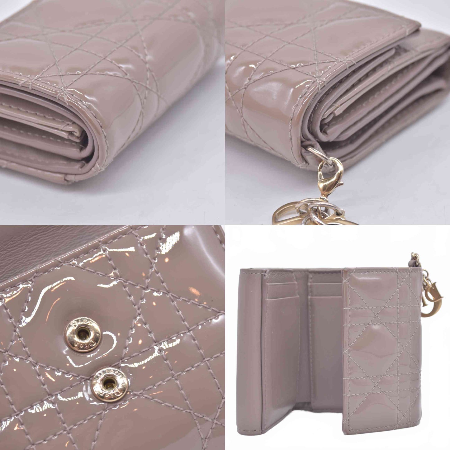 $600 Christian DIOR Cannage Patent Leather Trifold Compact Wallet