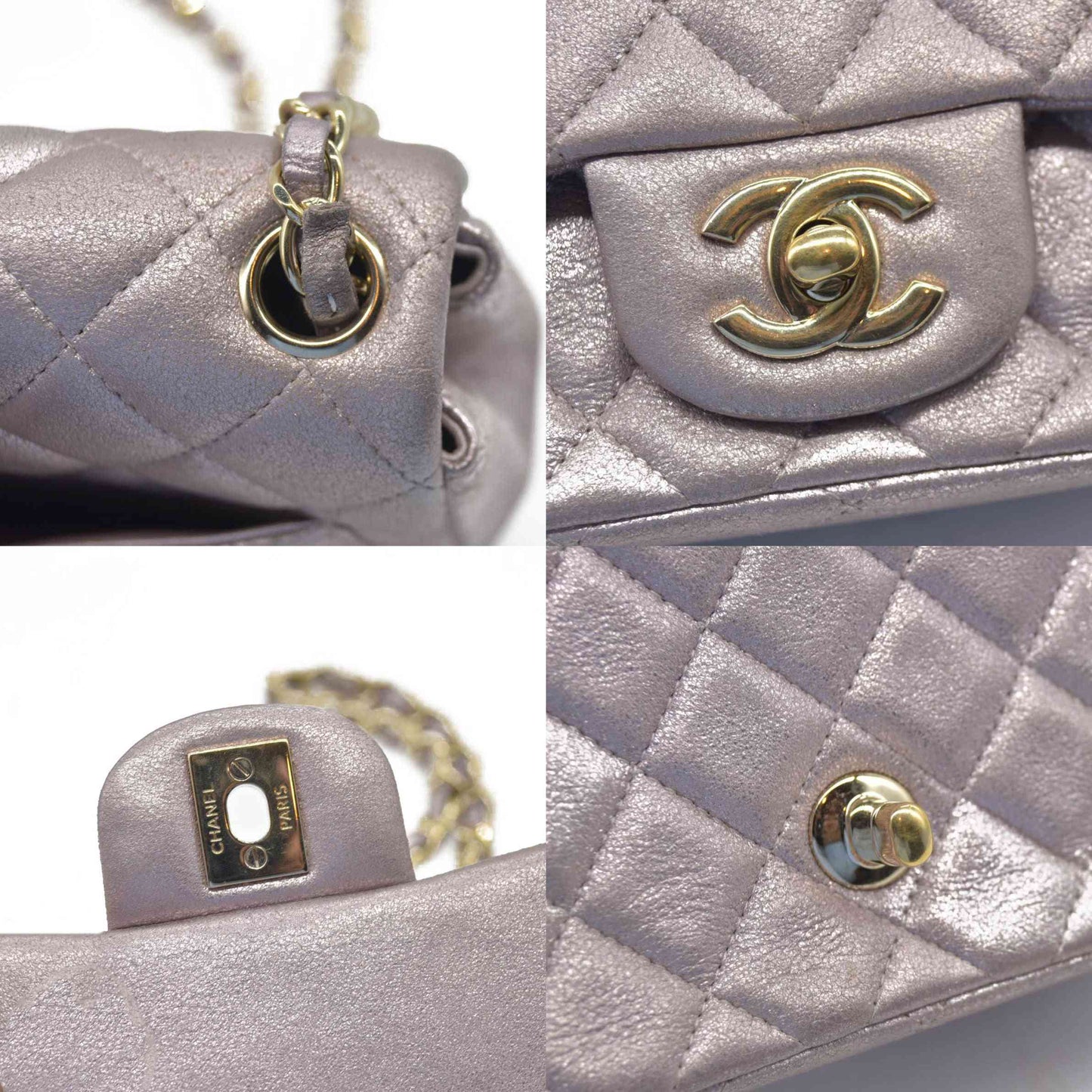 $5200 Chanel Metallic Lambskin Quilted Mini Square Flap Pink Purple