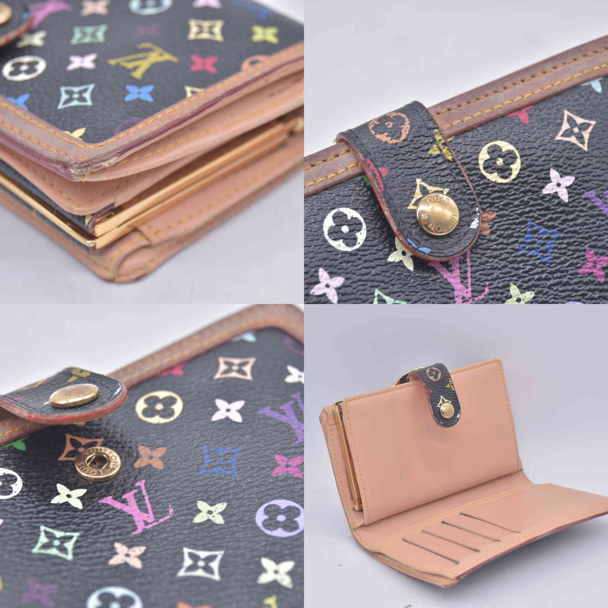 $790 2005 Louis Vuitton Monogram Multicolor French Purse Wallet Black TH0095