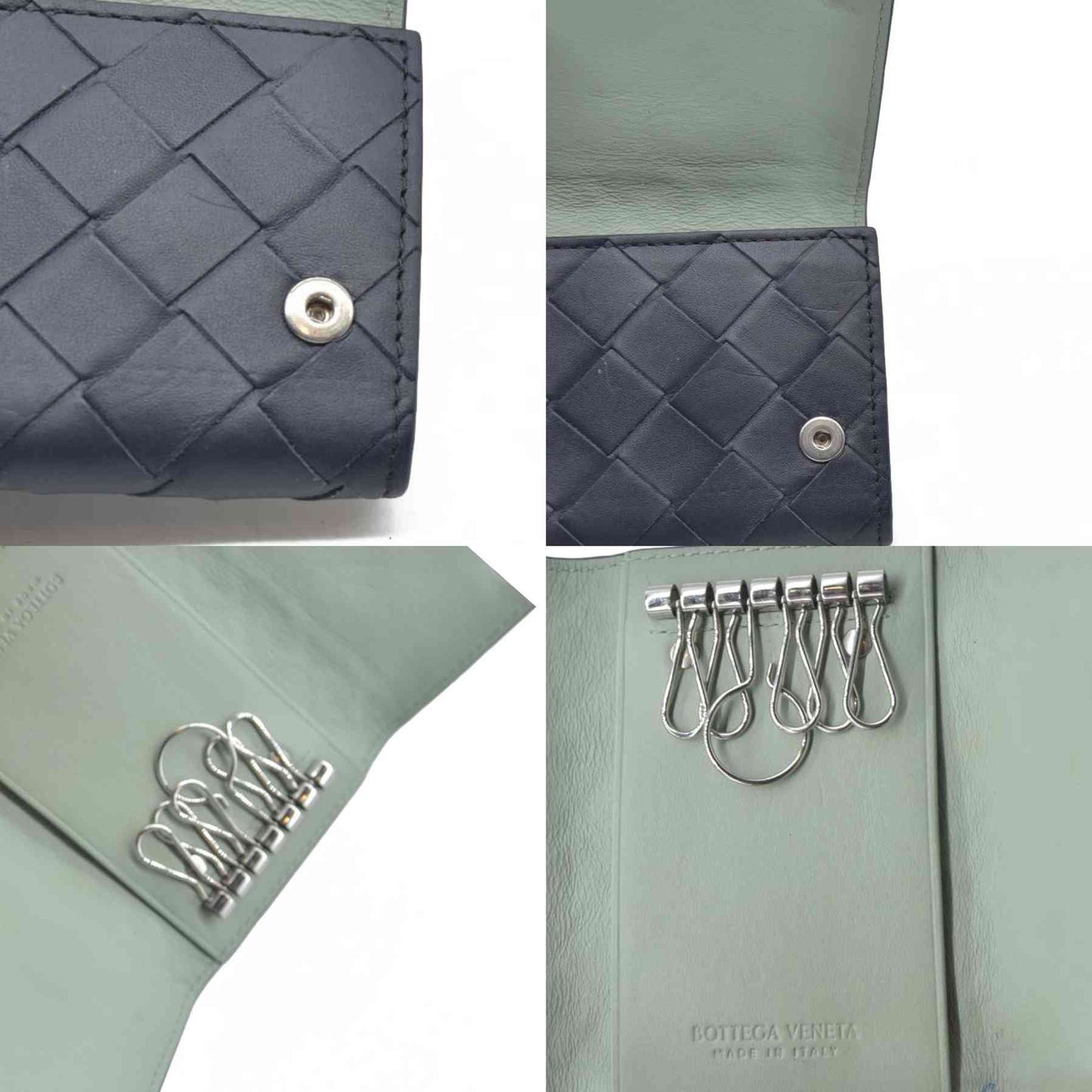 $600 Bottega Veneta Intrecciato Maxi Lambskin Leather 6 Ring Key Case Blue
