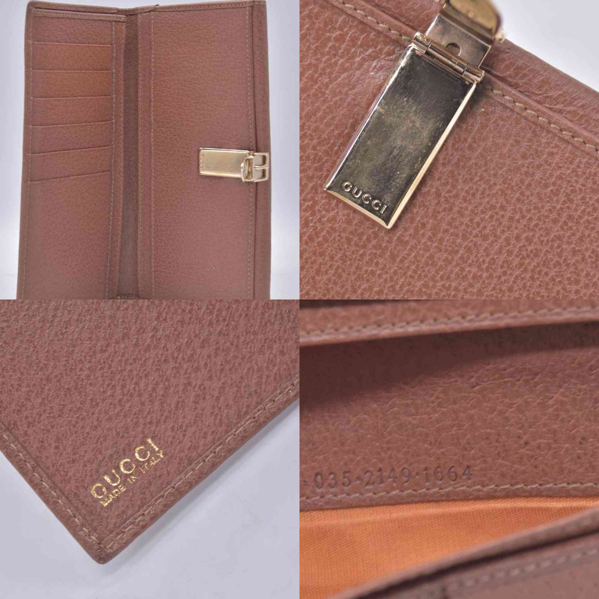 $620 GUCCI Grainy Calfskin Belt Buckle Long Wallet Brown CONSIGNMENT 10021235