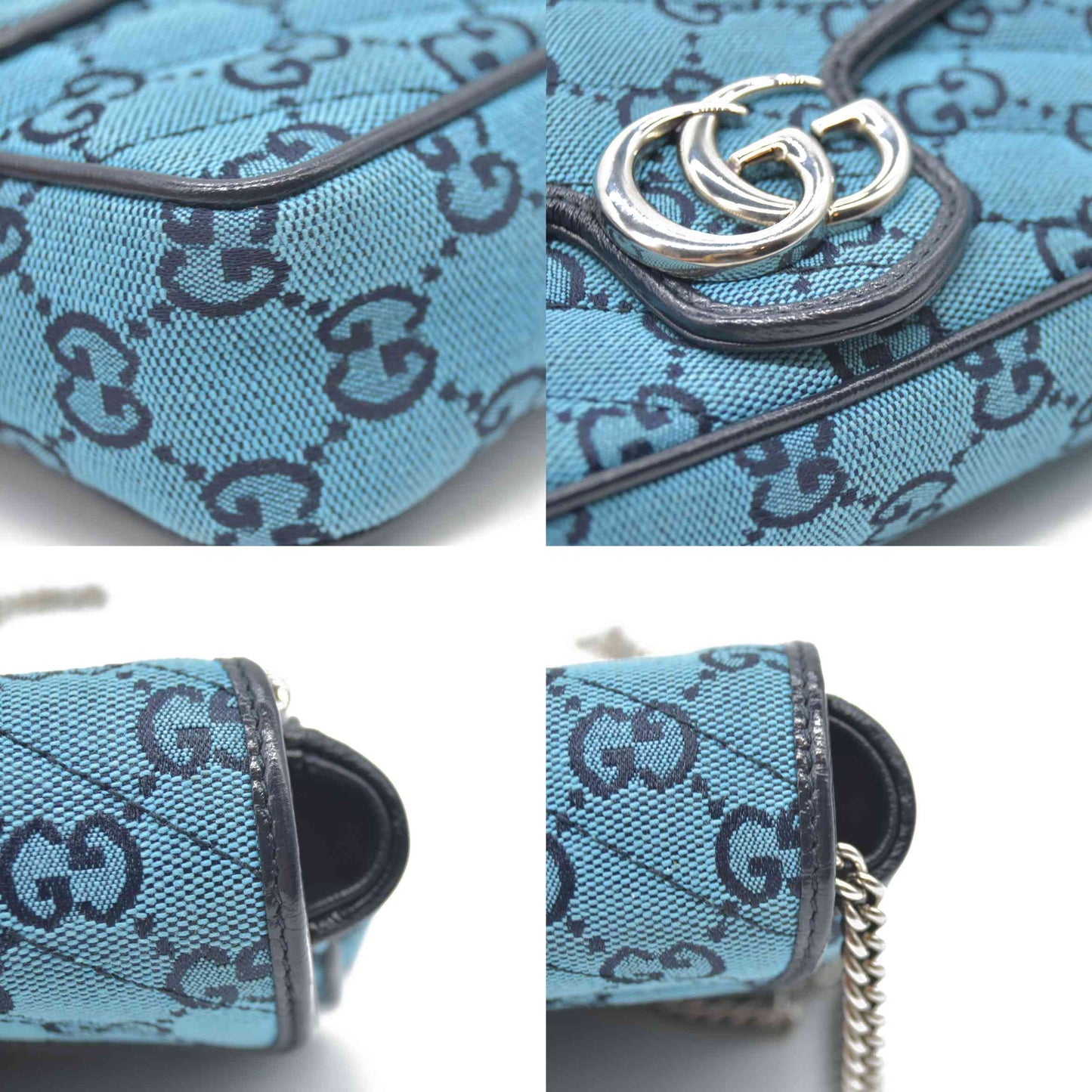 Gucci  Monogram Multicolor Matelasse Diagonal Super Mini GG Marmont Shoulder Bag Light Blue