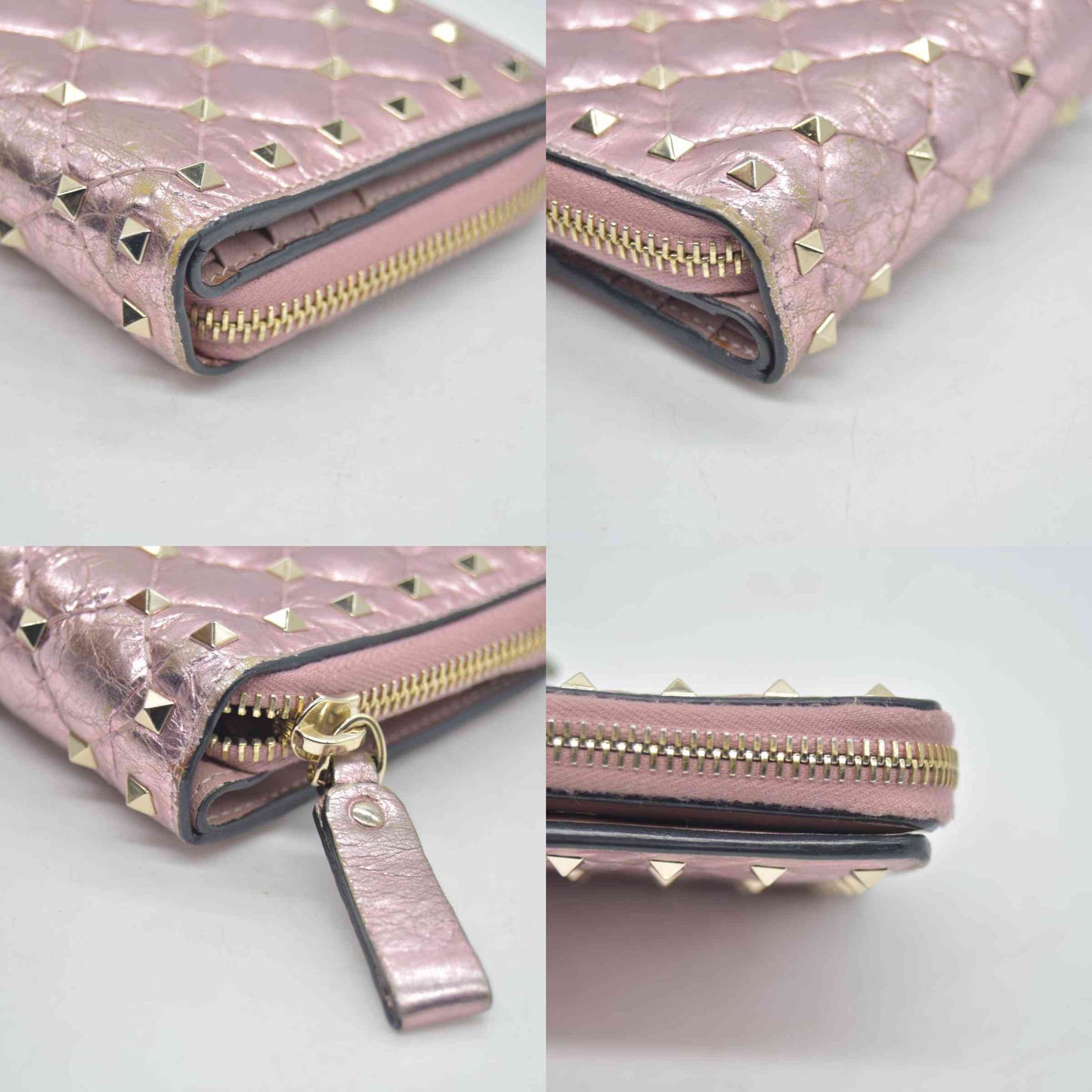 $775 VALENTINO Garavani Nappa Rockstud Spike Compact Zip Around Wallet Metallic Pink