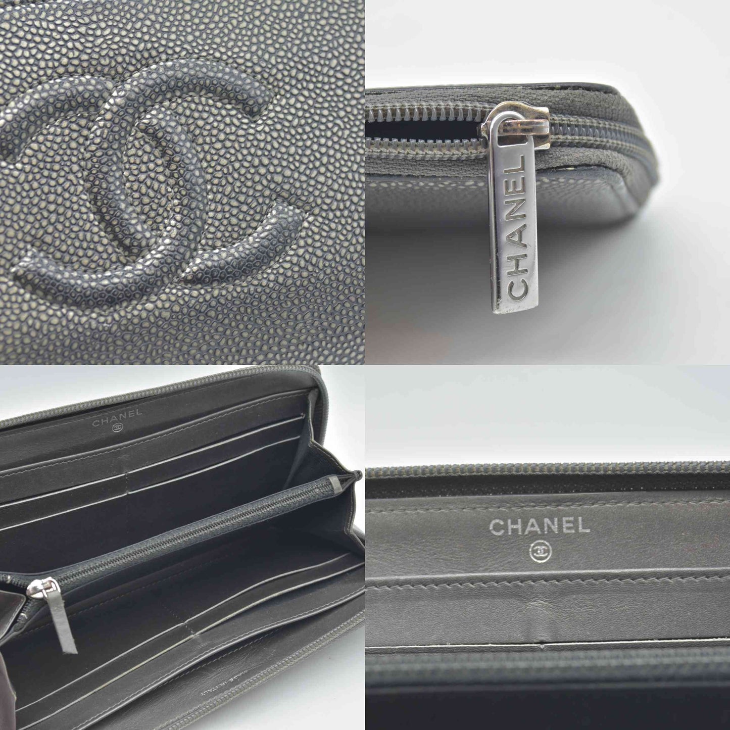 $1375 2014 CHANEL CC Logo Timeless Caviar Zip Around Long Wallet Metallic Silver