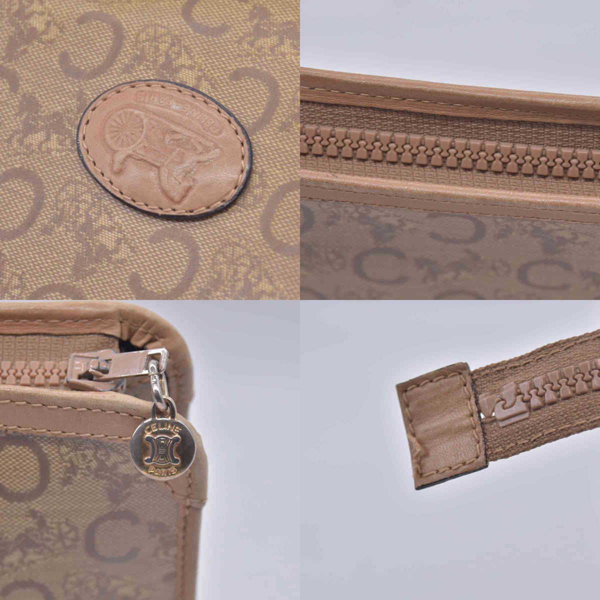 $550 CELINE C Sulky & Horse Carriage Canvas Clutch Pouch Tan Brown CONSIGNMENT 10021519