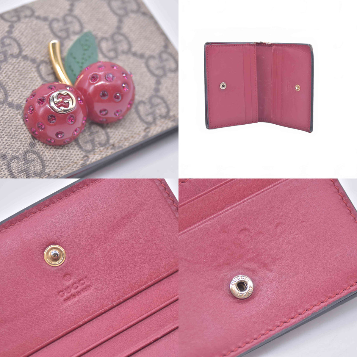 $470 GUCCI GG Supreme Monogram Cherry Embellished Card Case Wallet Hibiscus Red 10020980